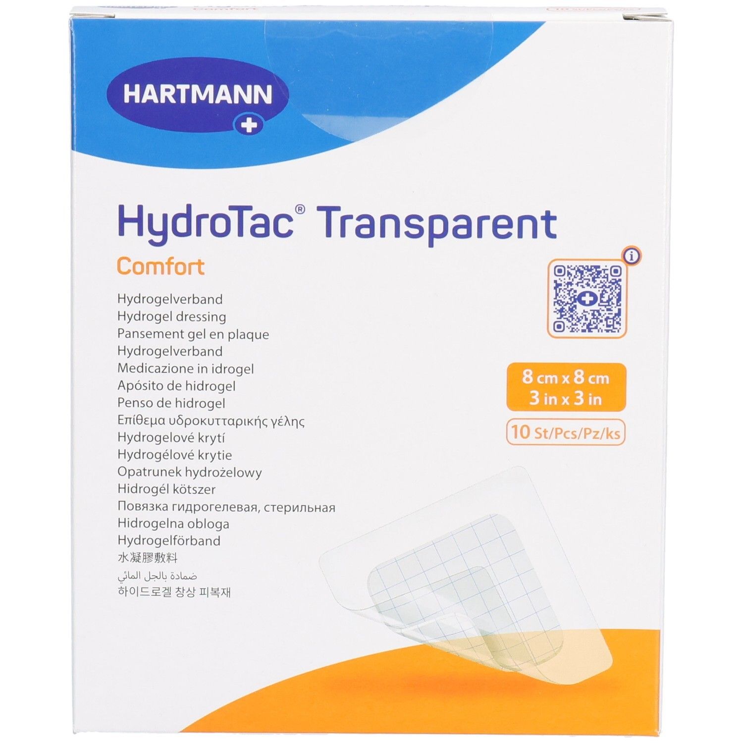 Boîte de pansements HydroTac® Transparent Comfort Hartmann. Dimensions 8x8 cm, 10 pièces. Nom et taille du produit visibles.