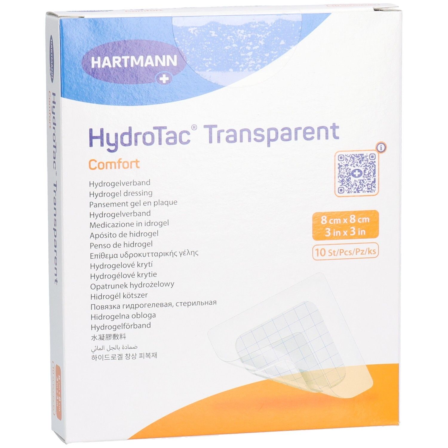 Boîte de pansements HydroTac® Transparent Comfort Hartmann. Dimensions 8x8 cm, 10 pièces. Nom et taille du produit visibles.