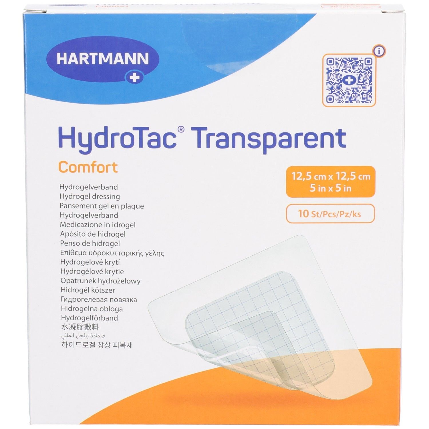 Boîte de HydroTac® Transparent Comfort. Carré, 12,5 x 12,5 cm. Contient 10 pièces. Marque Hartmann.