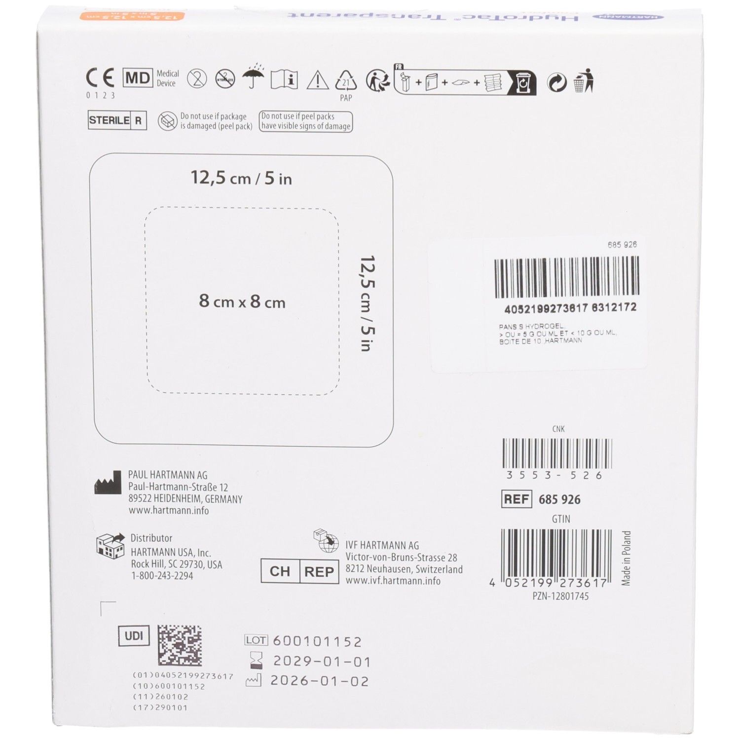 Dos de l'emballage. Informations, dont taille 12,5 cm x 5 in, 8 cm x 8 cm. Comprend codes-barres et informations fabricant.