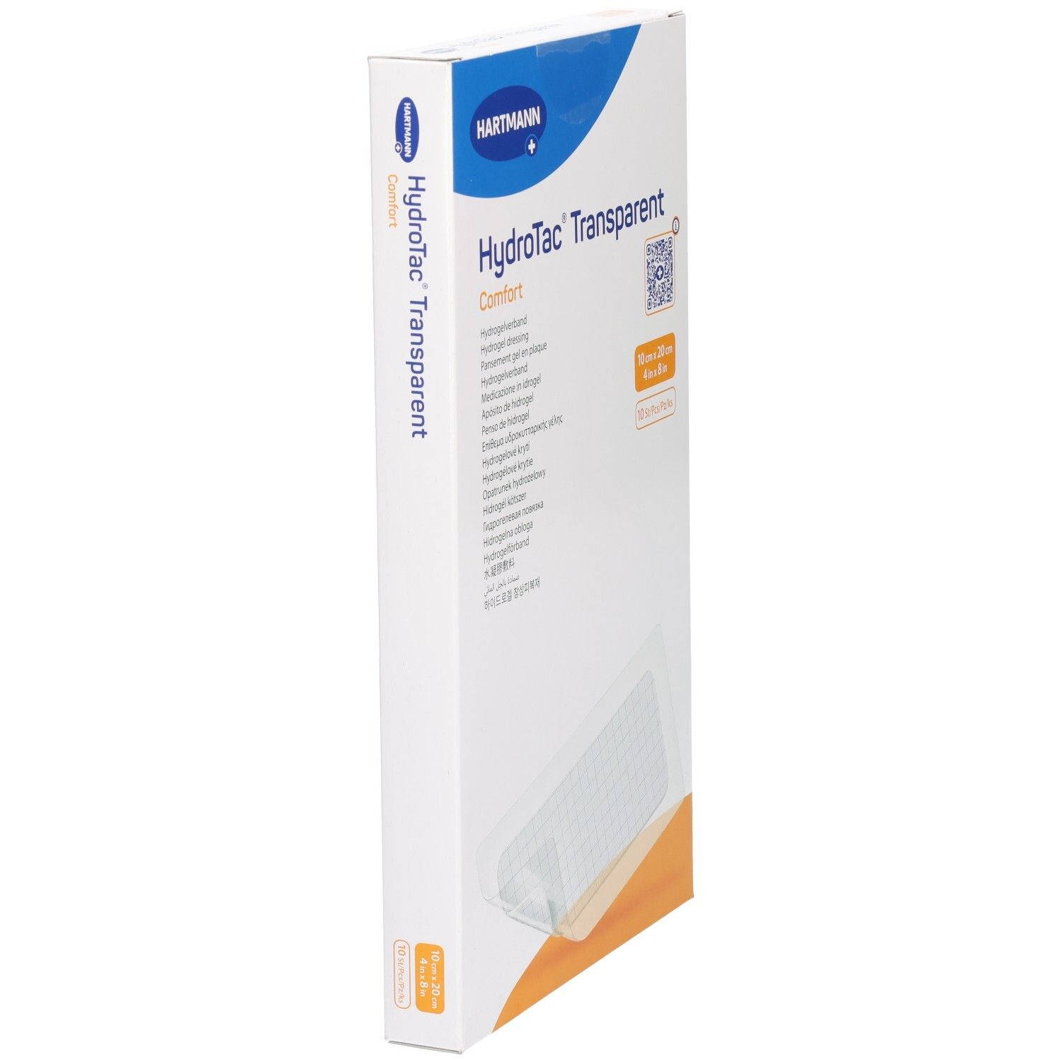 Vue latérale de l'emballage HydroTac® Transparent Comfort. Marque Hartmann. Taille 10 x 20 cm.