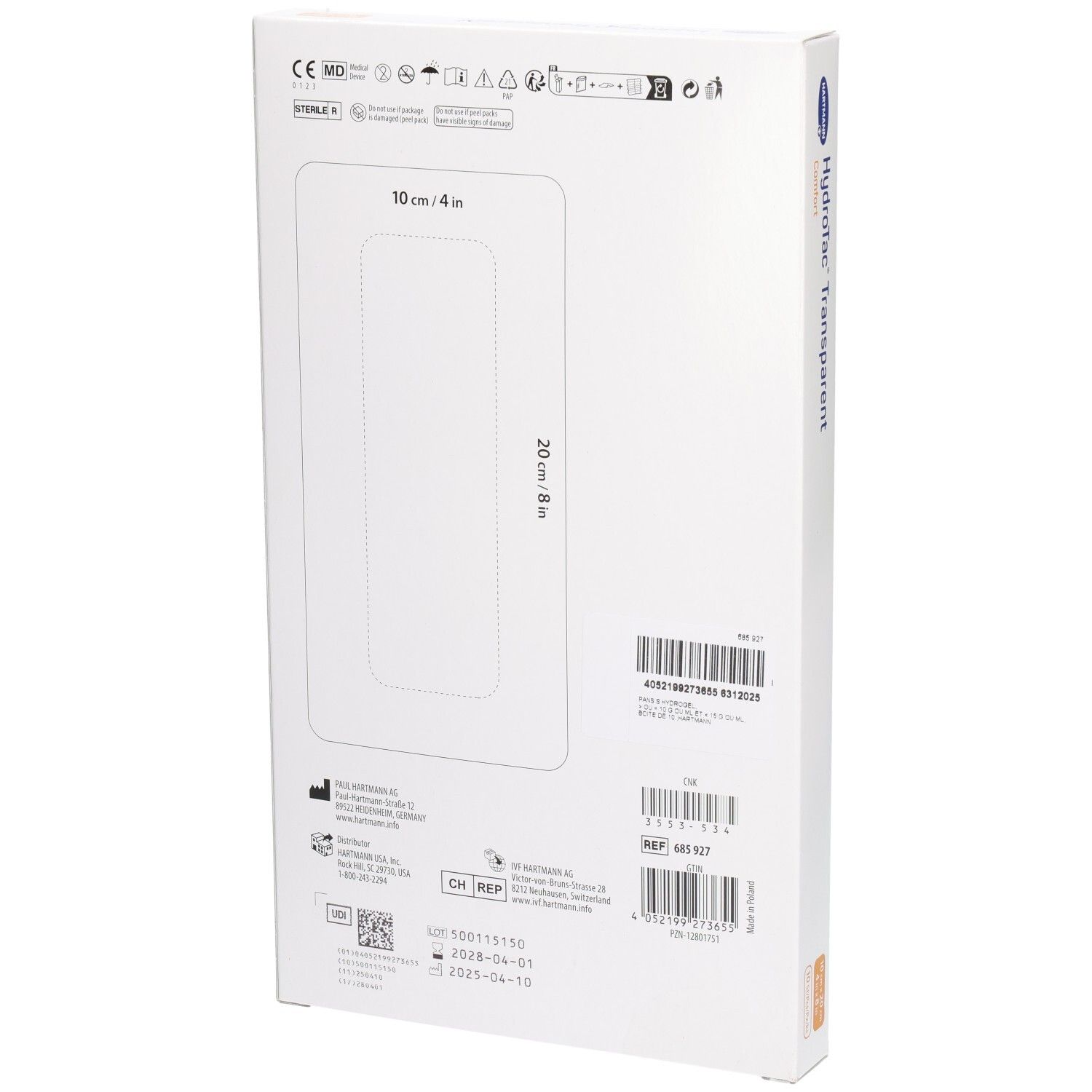 Dos de l'emballage HydroTac® Transparent Comfort. Taille 10 x 20 cm. Contient informations et symboles.