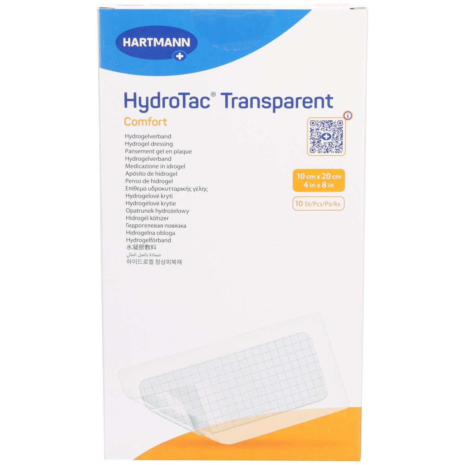 Vue de face de l'emballage HydroTac® Transparent Comfort. Marque Hartmann. Taille 10 x 20 cm. 10 pièces.