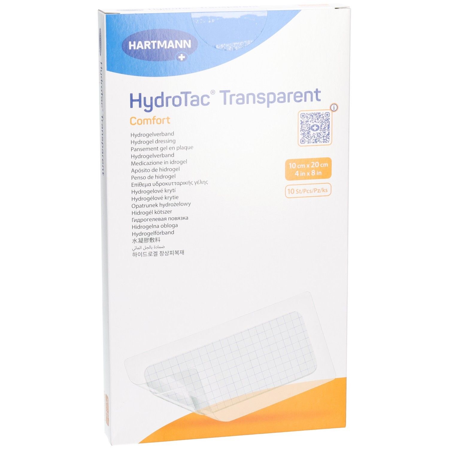 Vue de face de l'emballage HydroTac® Transparent Comfort. Marque Hartmann. Taille 10 x 20 cm. 10 pièces.
