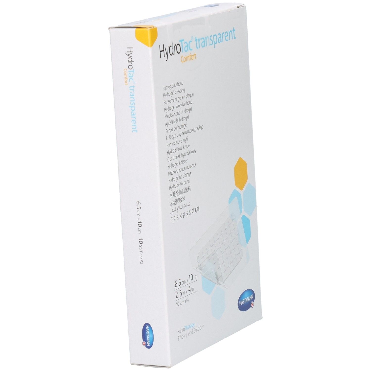 Emballage HydroTac transparent confort en biais. Inscriptions: Pansement hydrogel, 6,5 x 10 cm, logo Hartmann.