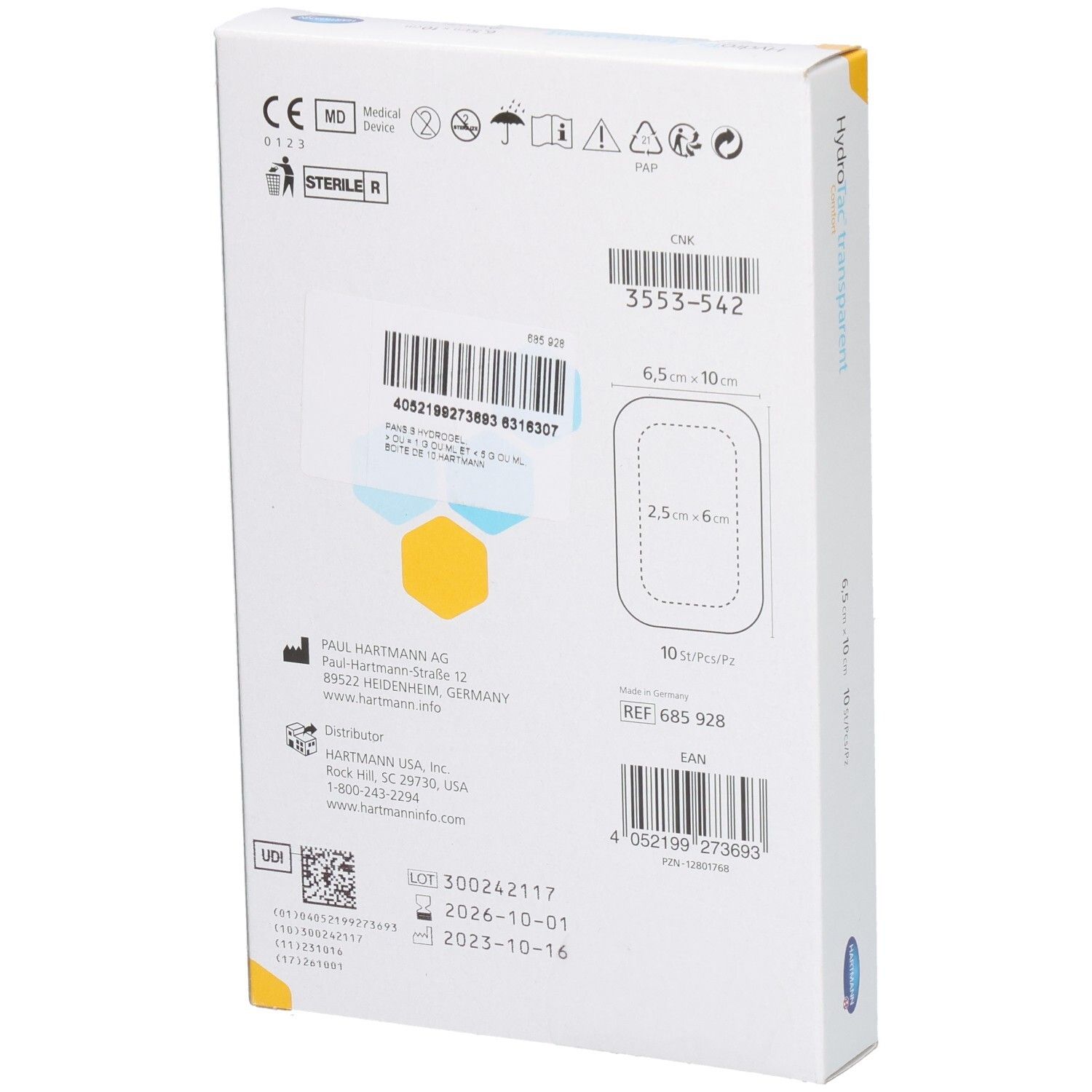 Dos de l'emballage HydroTac transparent confort. Inscriptions: marquage CE, Stérile, numéro de lot, informations fabricant, dimensions.