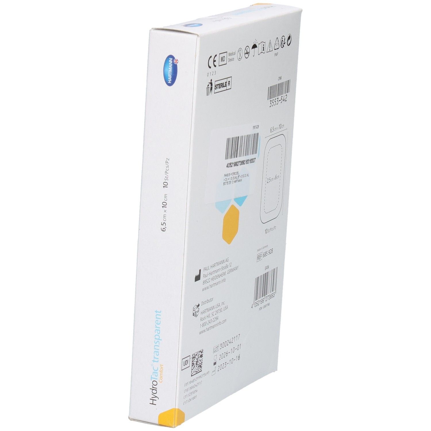 Dos en biais de l'emballage HydroTac transparent confort. Inscriptions: marquage CE, Stérile, numéro de lot, dimensions.