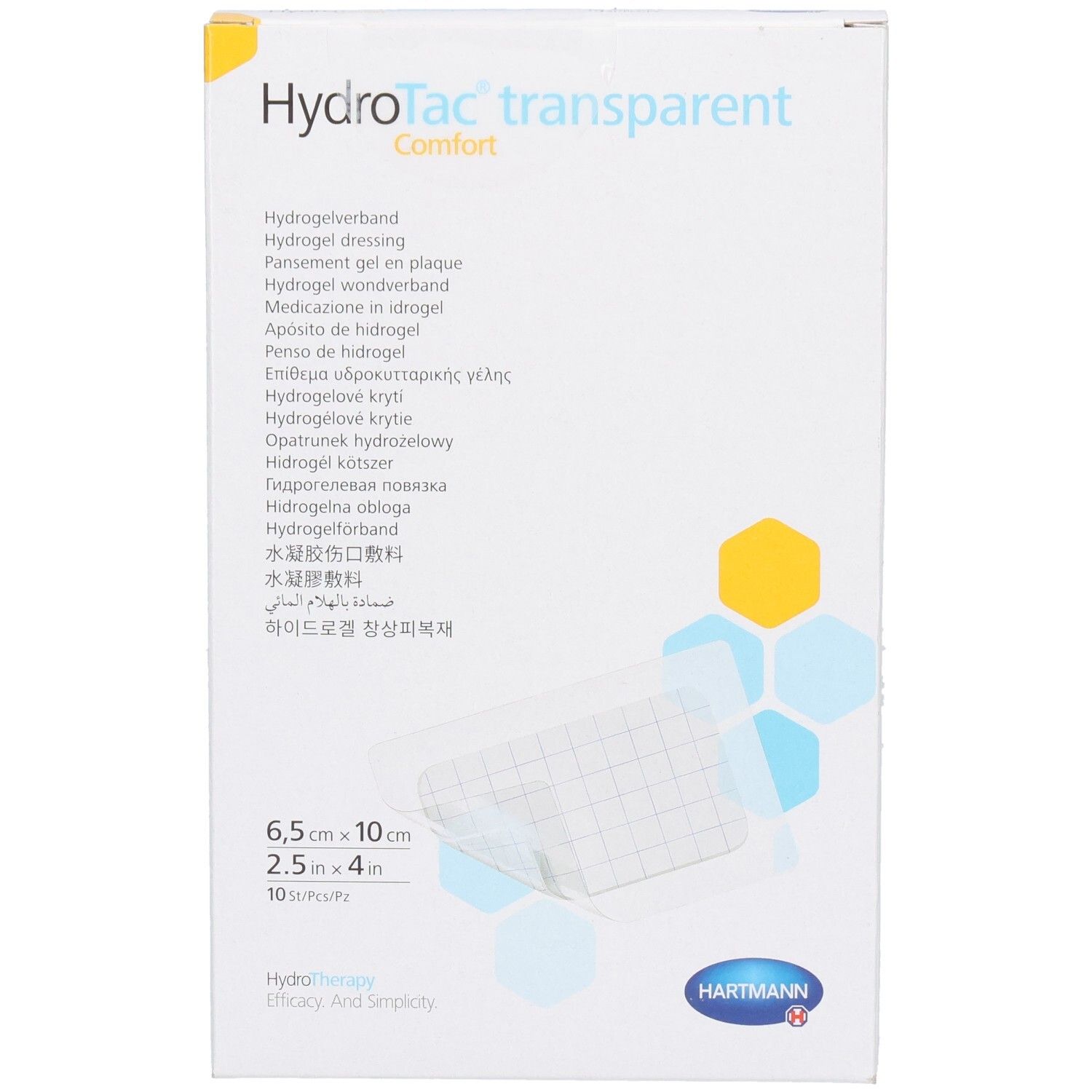 Emballage HydroTac transparent confort. Inscriptions: Pansement hydrogel, 6,5 x 10 cm, 10 pièces, logo Hartmann.
