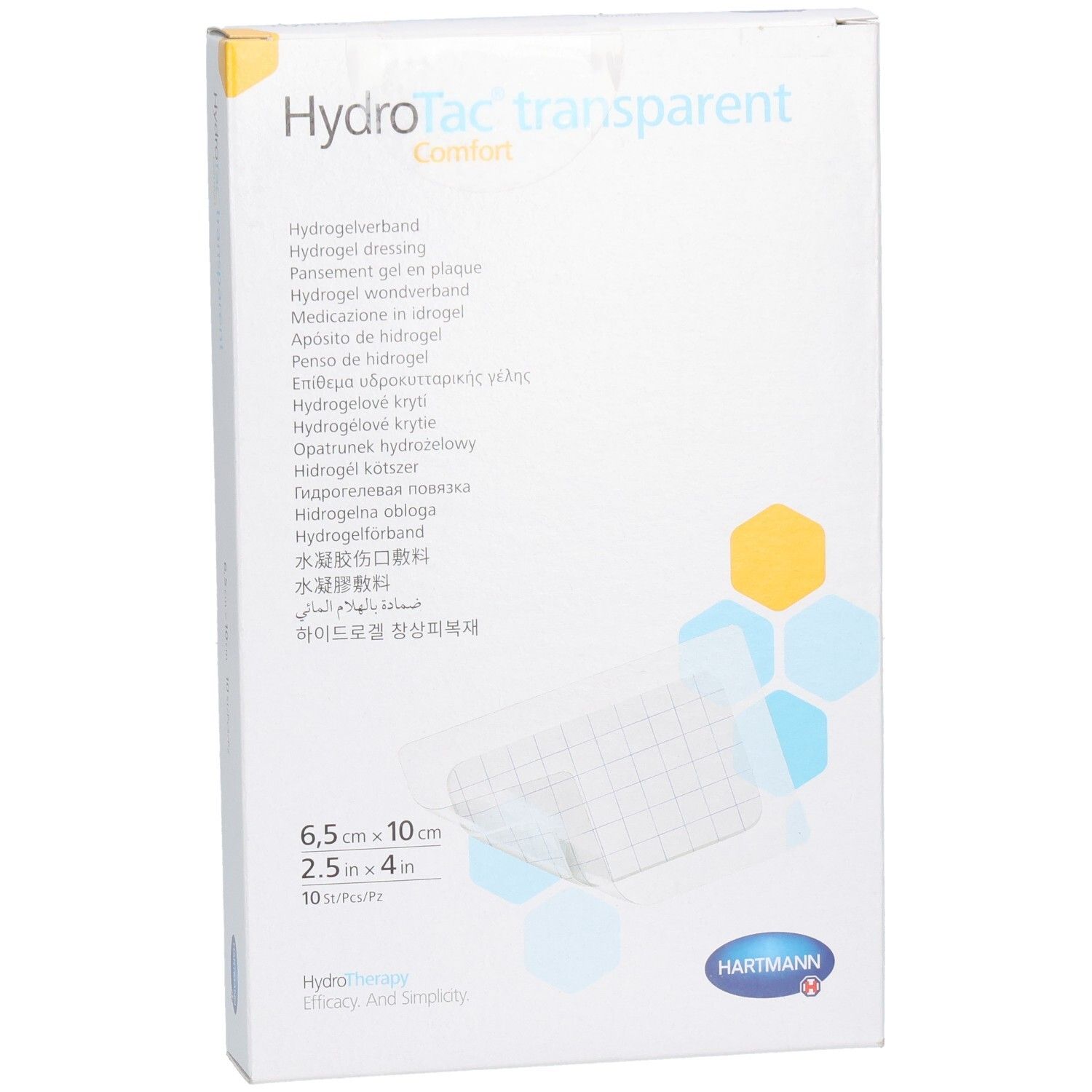 Emballage HydroTac transparent confort. Inscriptions: Pansement hydrogel, 6,5 x 10 cm, 10 pièces, logo Hartmann.