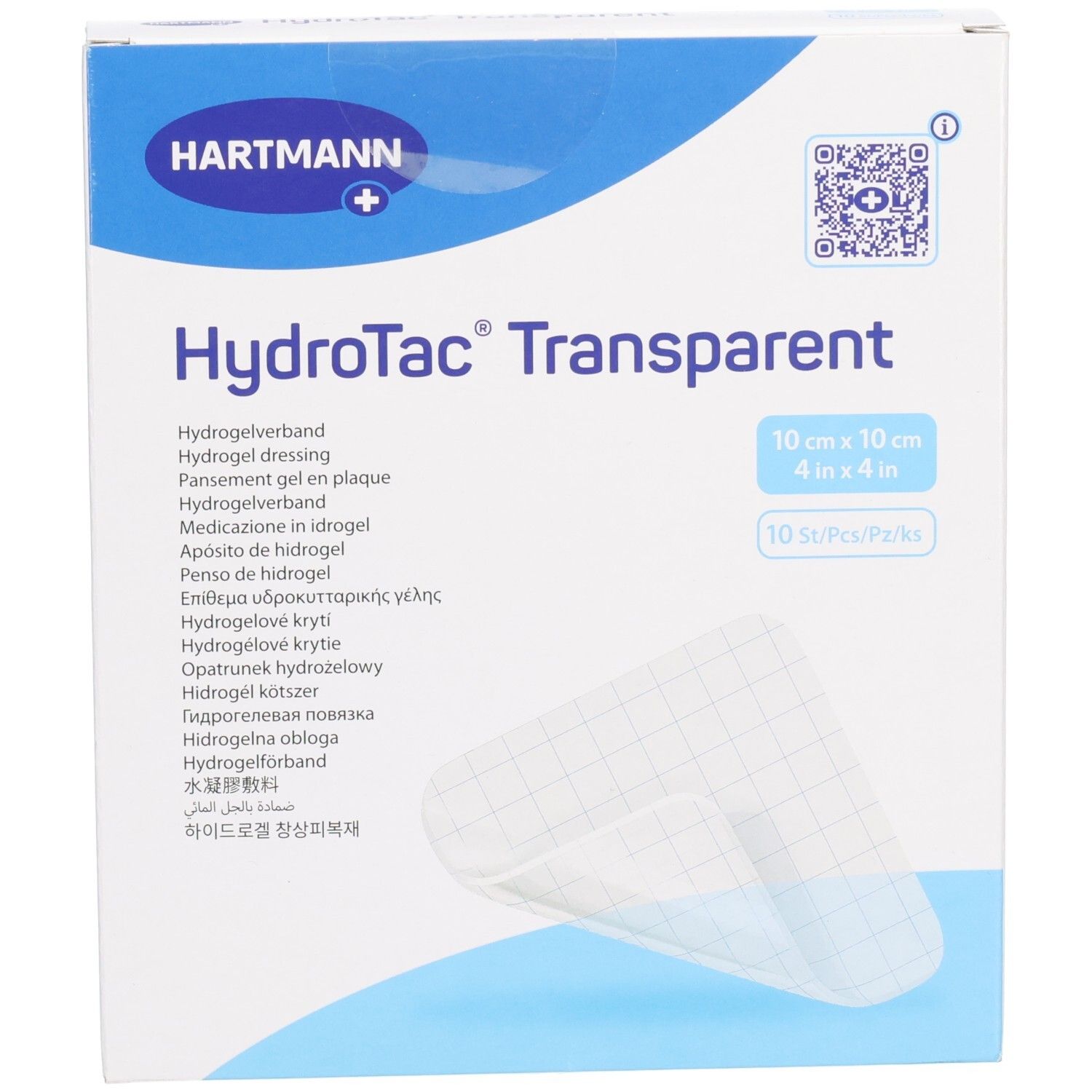 Emballage HydroTac Transparent. 10 x 10 cm. Pansement hydrogel. Logo Hartmann. Code QR. 10 pièces.