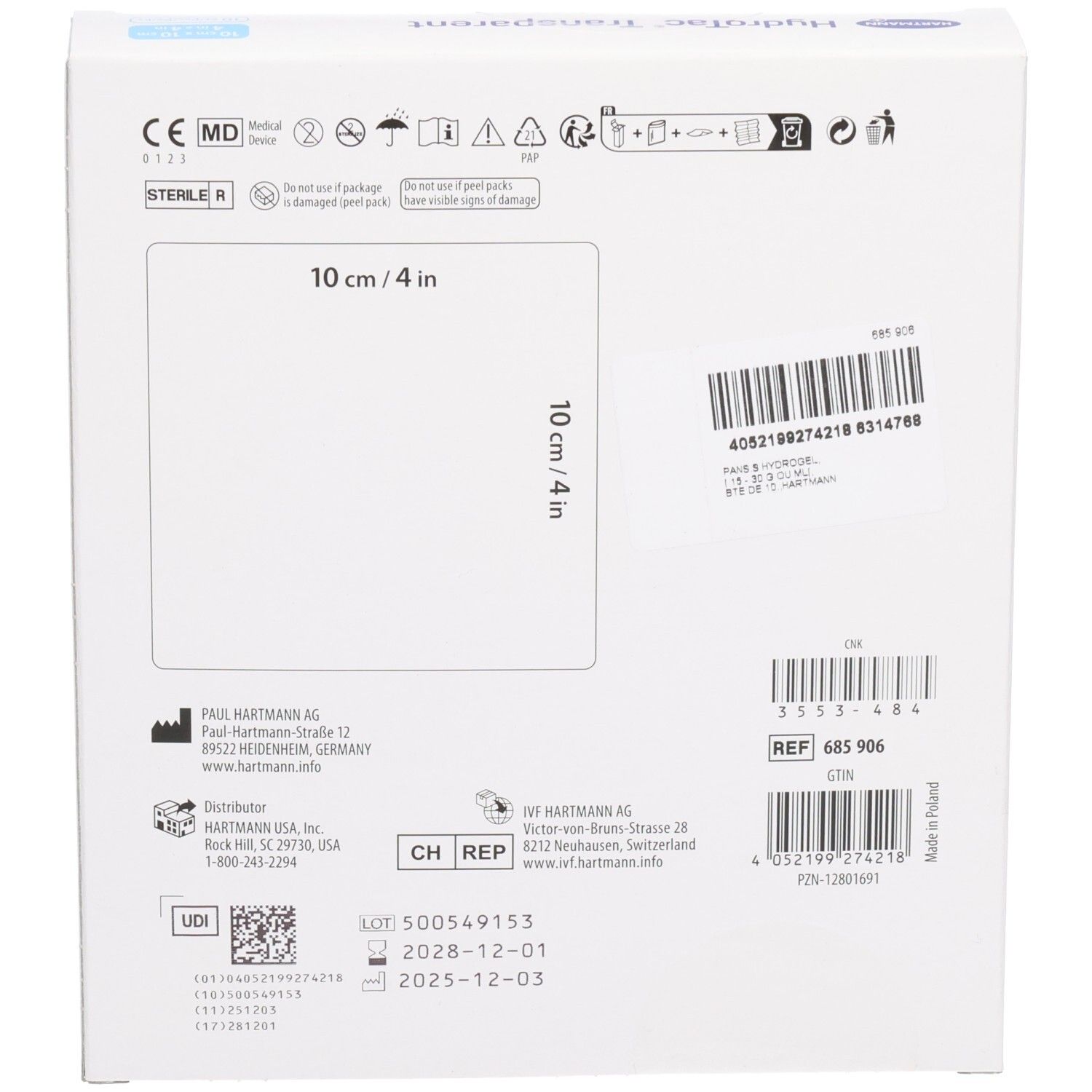 Dos de l'emballage. HydroTac Transparent. 10 cm x 10 cm. Code-barres. Marquage CE. Stérile.