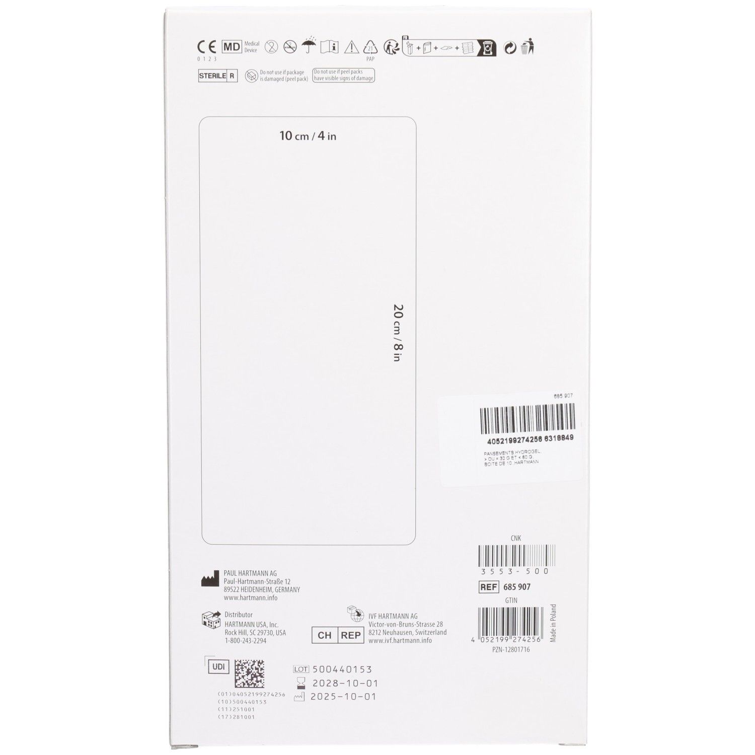 Dos de l'emballage HydroTac® Transparent. Dimensions: 10 cm x 20 cm. Avec marquage CE et numéro de lot.