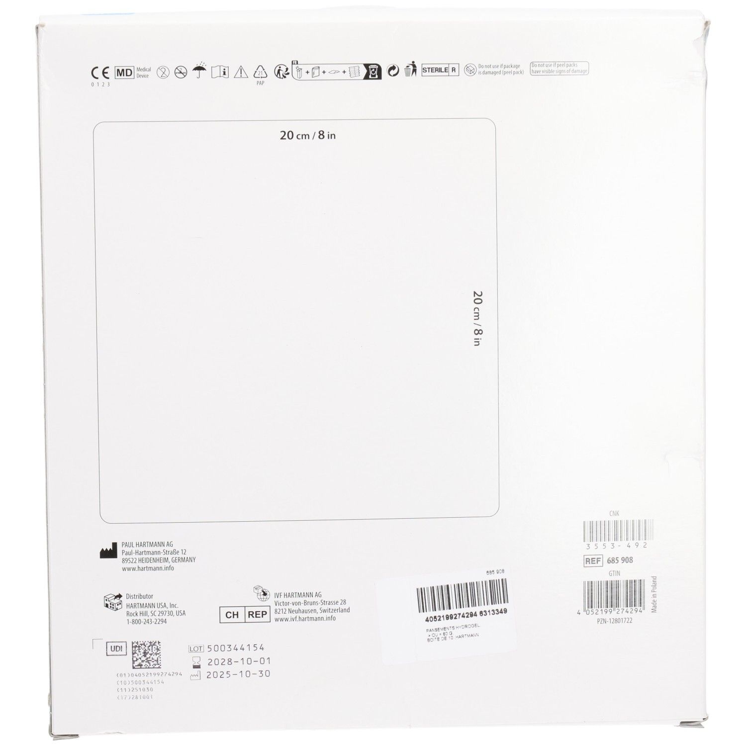Dos de l'emballage HydroTac Transparent. Informations, dimensions 20x20 cm, numéro de lot, date d'expiration et marquage stérile.