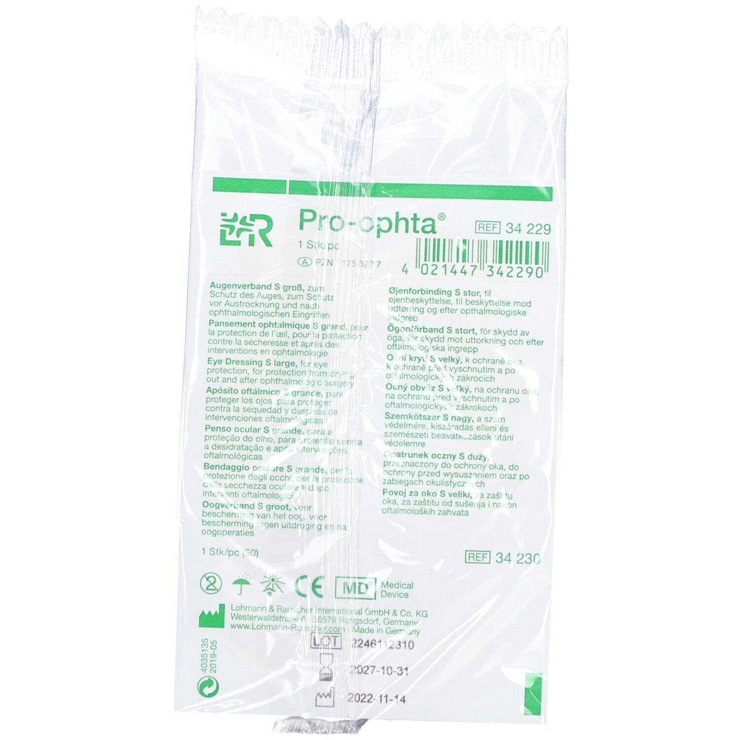 PROOPHTA S - Pansement ophtalmique adhésif, avec coquille transparente ronde incorporée. a