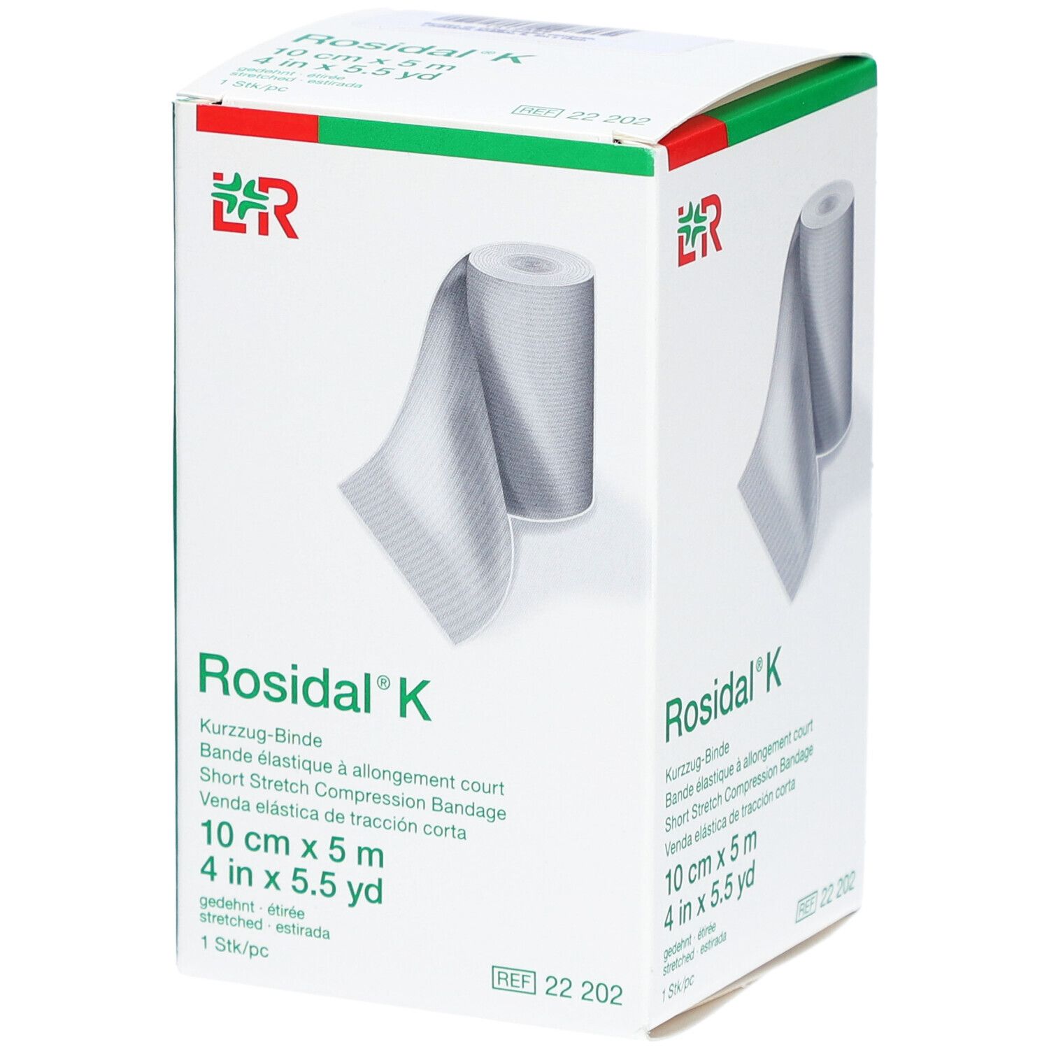 Boîte de bandage compressif Rosidal K. Carton blanc avec image et texte du produit. 10 cm x 5 m.
