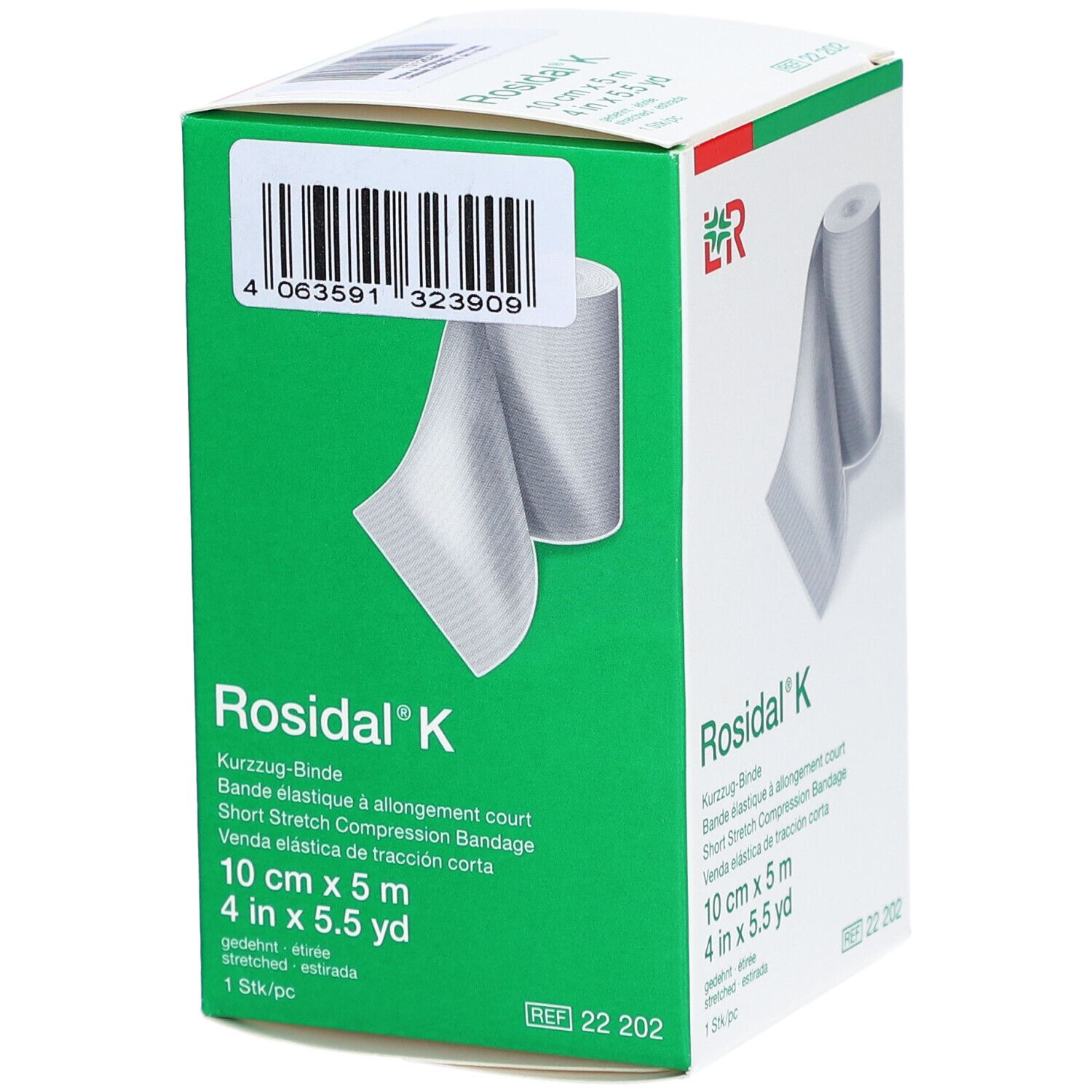 Emballage vert de bandage compressif Rosidal K. Image et texte du produit. 10 cm x 5 m. Code-barres.