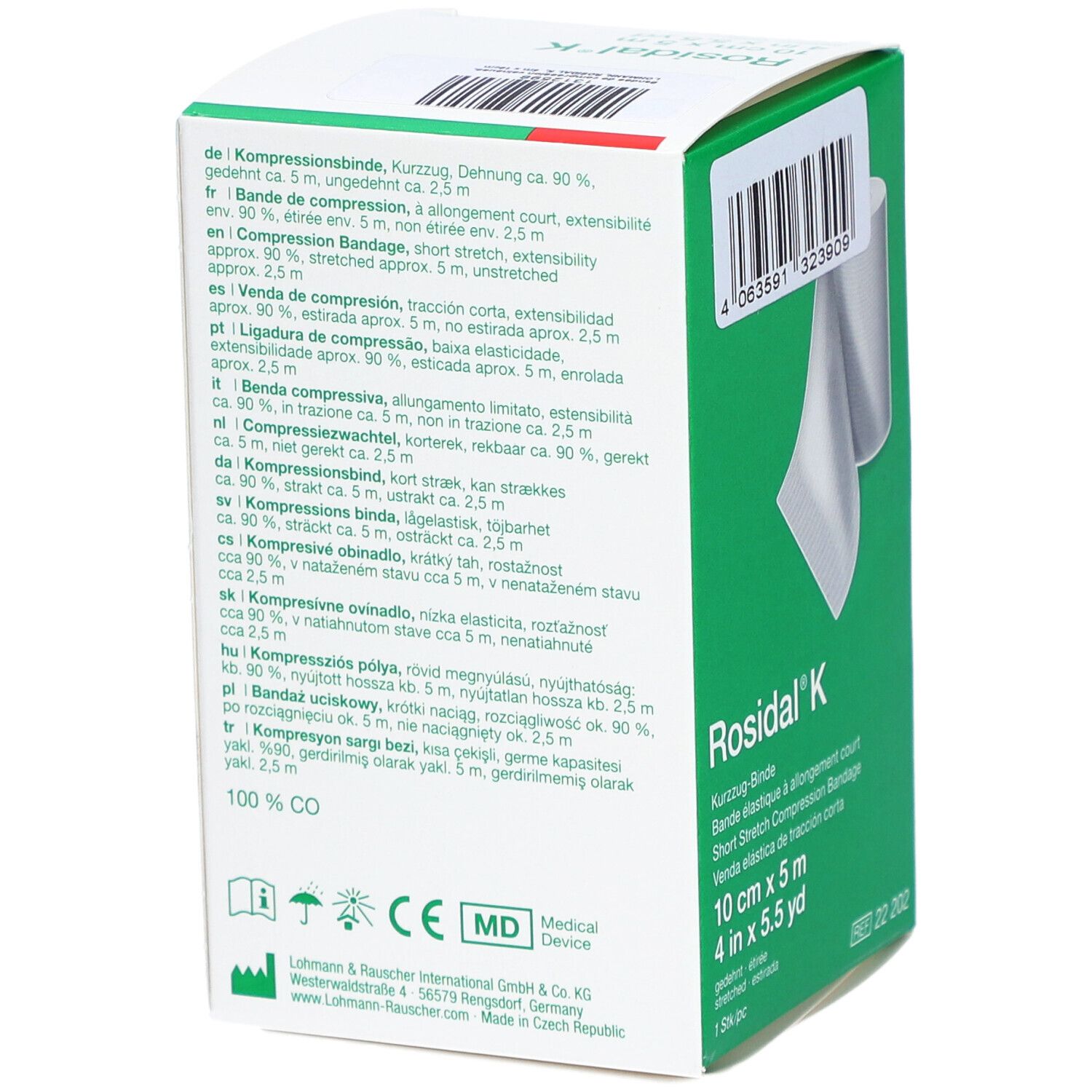 Dos de l'emballage Rosidal K. Texte multilingue. Marquage CE et symbole dispositif médical.