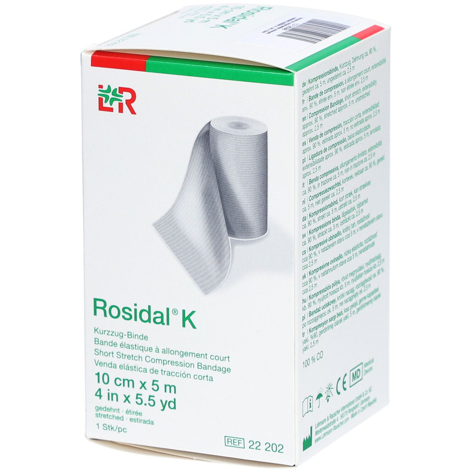 Boîte de bandage compressif Rosidal K. Carton blanc avec image et texte du produit. 10 cm x 5 m.