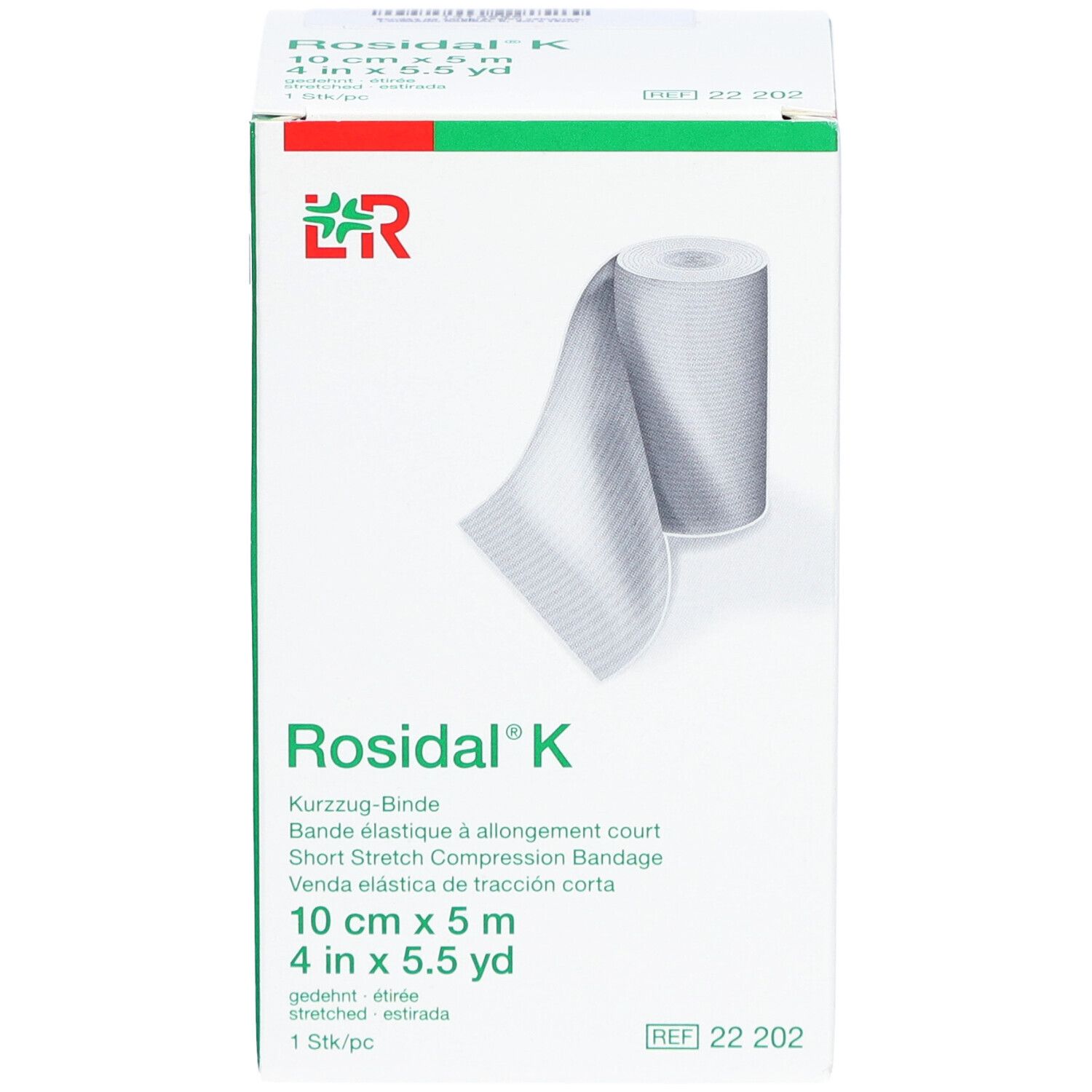 Boîte de bandage compressif Rosidal K. Carton blanc avec image et texte du produit. 10 cm x 5 m.