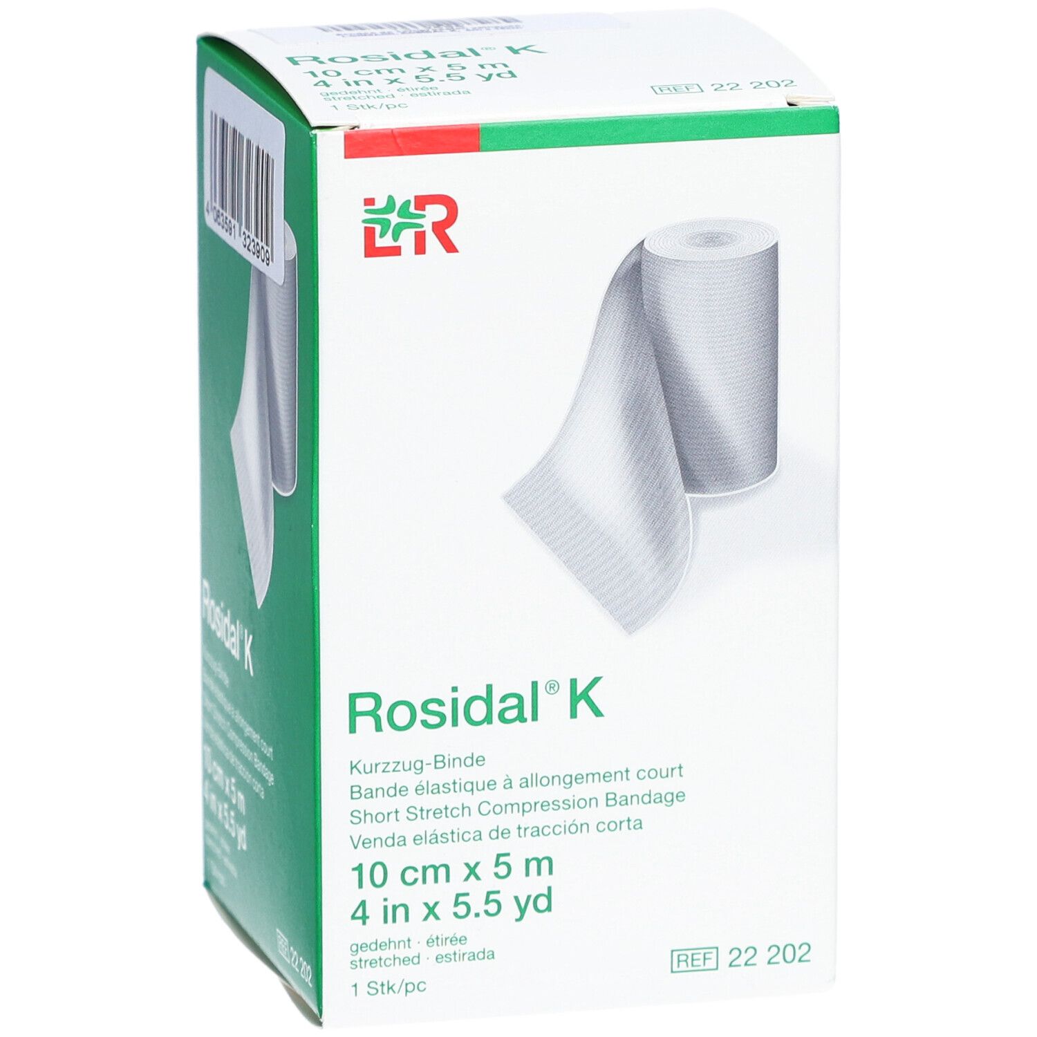 Boîte de bandage compressif Rosidal K. Carton blanc avec image et texte du produit. 10 cm x 5 m. Code-barres.