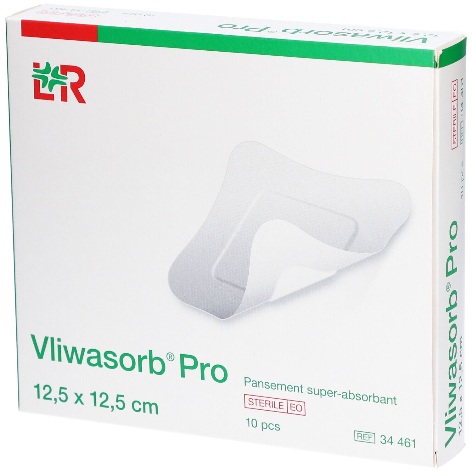 Boîte de Vliwasorb Pro, 12,5 x 12,5 cm. Pansement super-absorbant, stérile. 10 pièces. Logo et nom du produit visibles.
