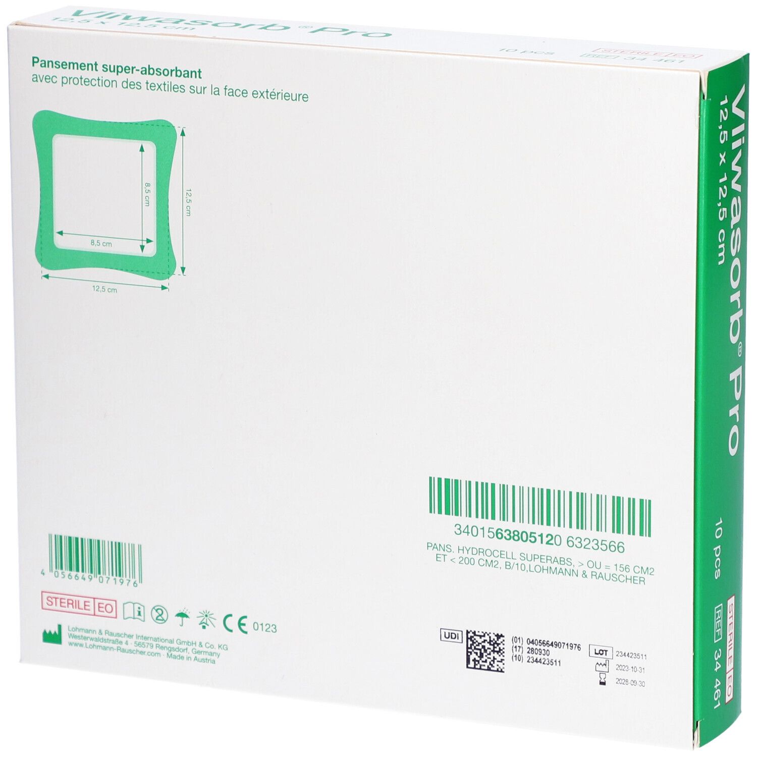 Dos de la boîte Vliwasorb Pro. Affiche les dimensions et le code-barres. Contient des informations sur le pansement et le fabricant.