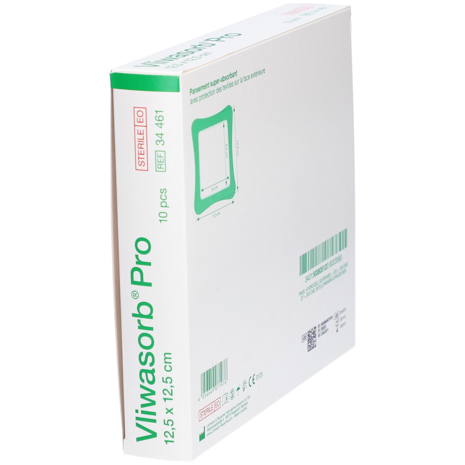 Boîte Vliwasorb Pro en biais. Dos avec informations et dimensions. Stérile, 10 pièces.