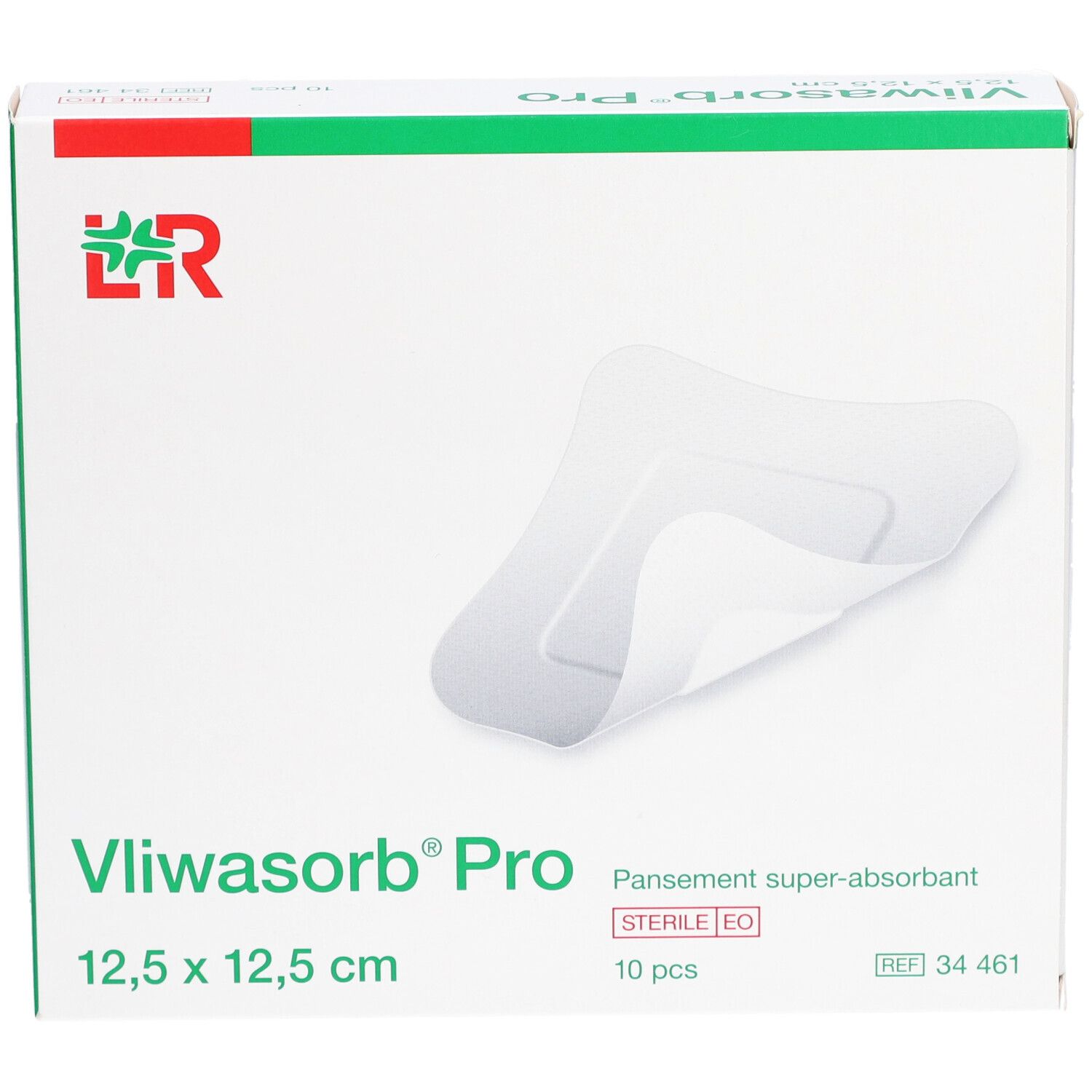 Boîte Vliwasorb Pro avec pansement partiellement ouvert. 12,5 x 12,5 cm. Super-absorbant, stérile. 10 pièces.