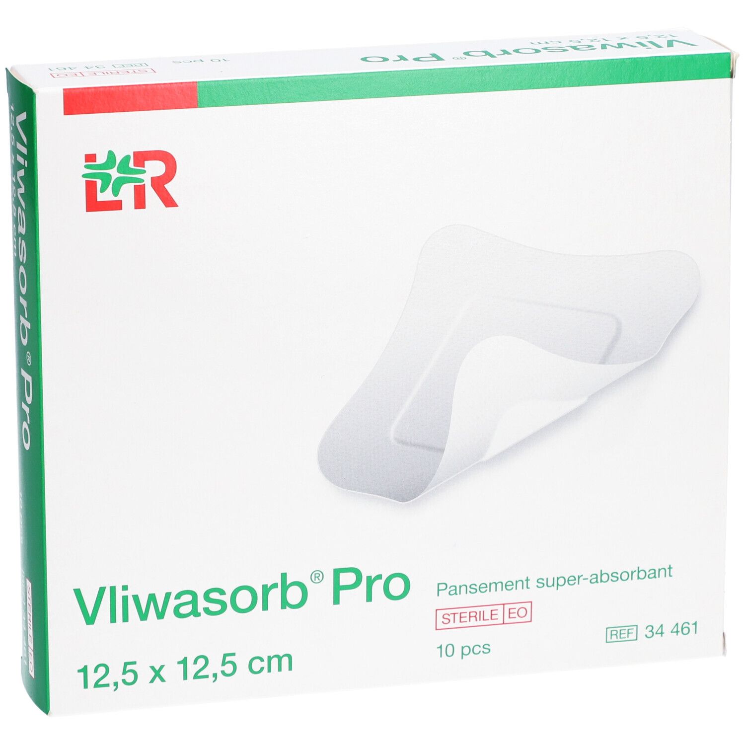 Boîte Vliwasorb Pro avec pansement partiellement ouvert. Logo et nom du produit clairement visibles.