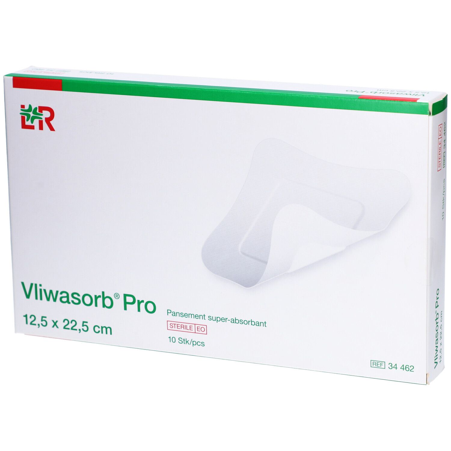 Boîte de Vliwasorb Pro. Carton blanc avec accents verts. Nom du produit et dimensions indiqués. Un pansement est partiellement visible.