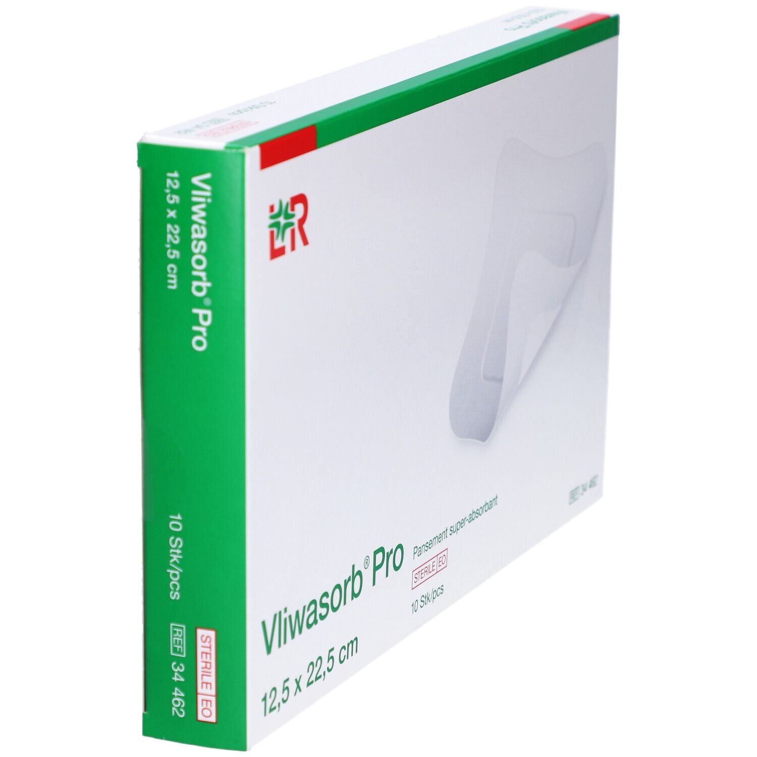 Vue latérale de l'emballage Vliwasorb Pro. Carton blanc avec accents verts. Nom du produit et dimensions indiqués. 10 pièces.
