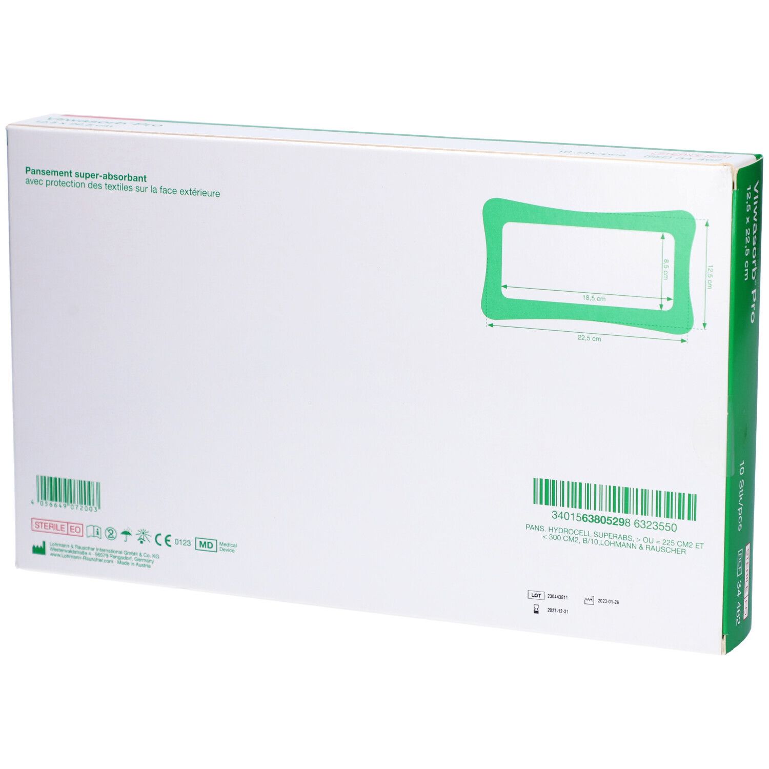 Dos de l'emballage Vliwasorb Pro. Carton blanc avec détails verts. Informations sur le produit et schéma de la forme du pansement.