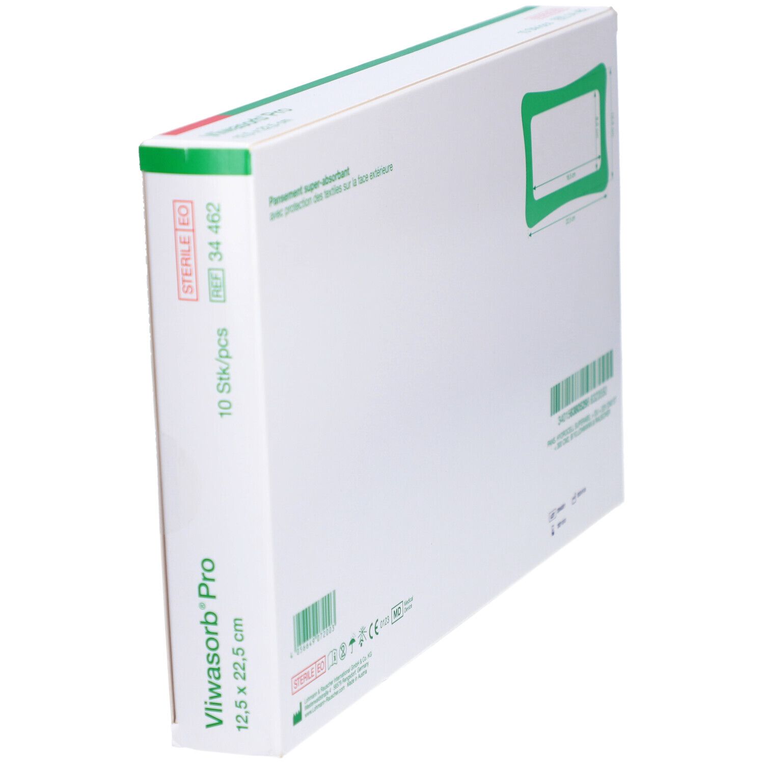 Vue latérale de l'emballage Vliwasorb Pro. Carton blanc avec accents verts. Nom du produit et dimensions indiqués. 10 pièces.