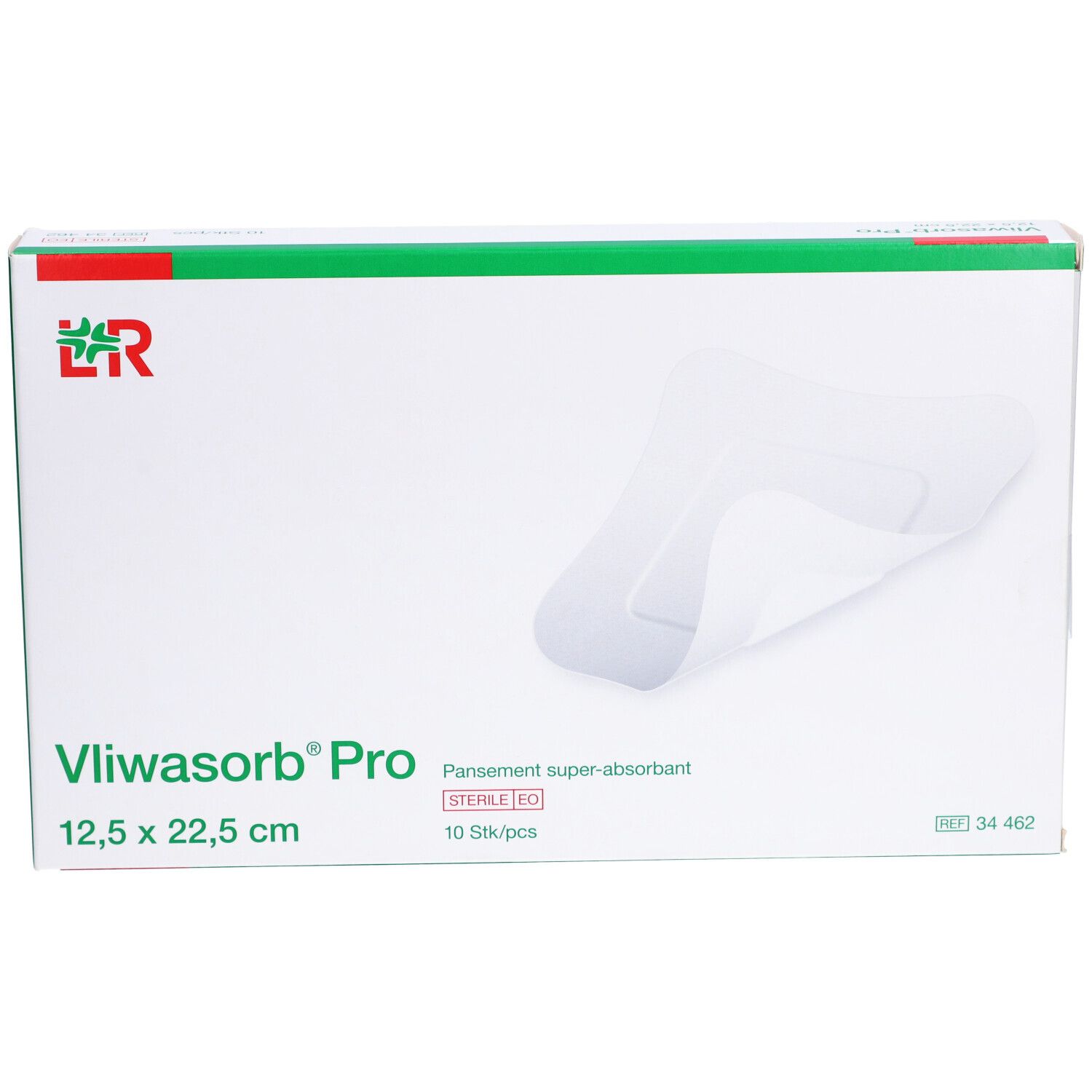 Boîte de Vliwasorb Pro. Carton blanc avec accents verts. Nom du produit et dimensions indiqués. Un pansement est partiellement visible.