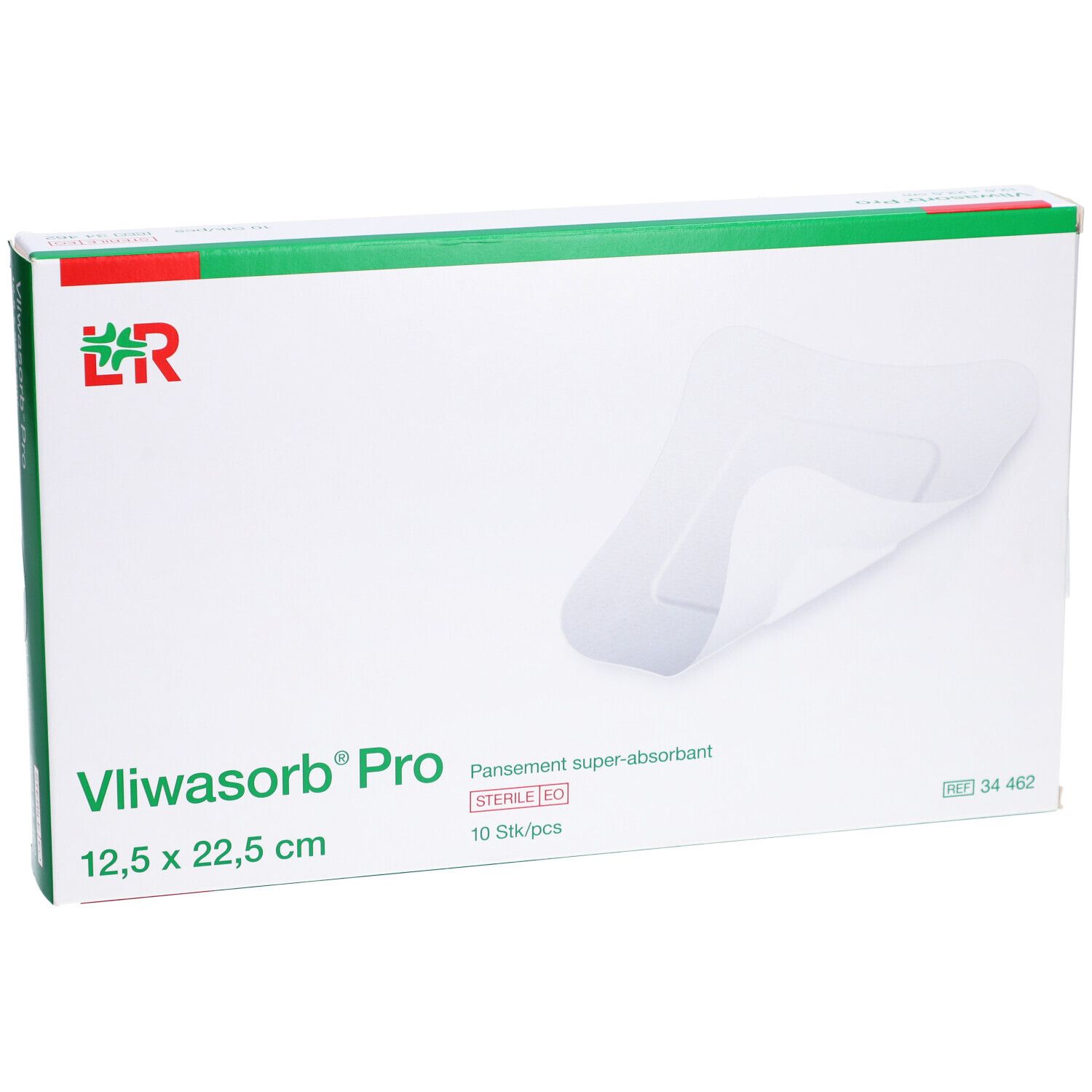 Boîte de Vliwasorb Pro. Carton blanc avec accents verts. Nom du produit et dimensions indiqués. Un pansement est partiellement visible.