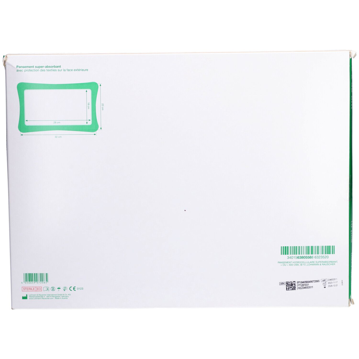 Dos de la boîte. Dimensions et code-barres. Schéma du pansement avec bord vert.