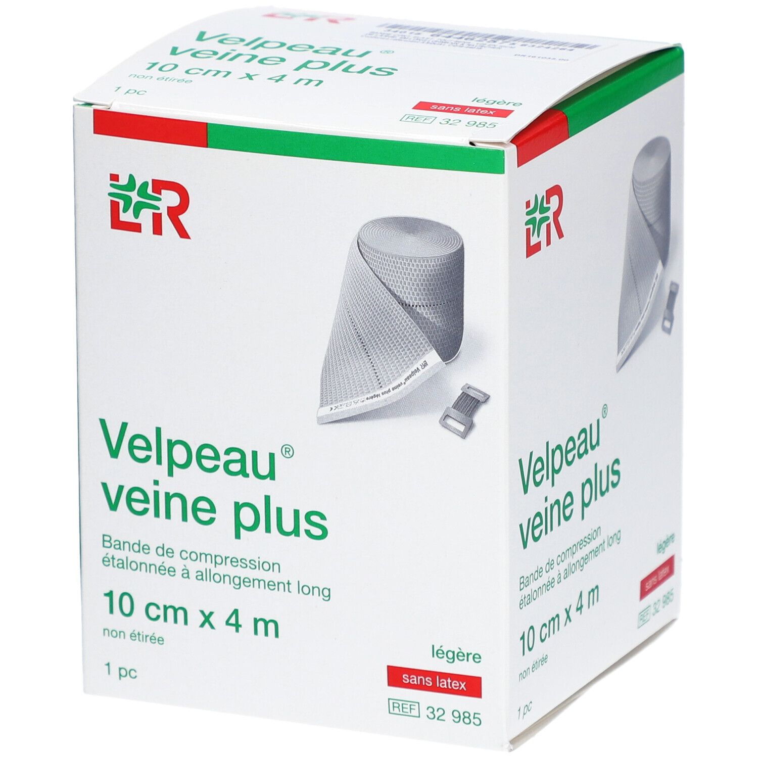 Boîte VELPEAU VEINE PLUS. Bande de compression 10 cm x 4 m. Blanc, vert et rouge. Nom et logo du produit visibles.
