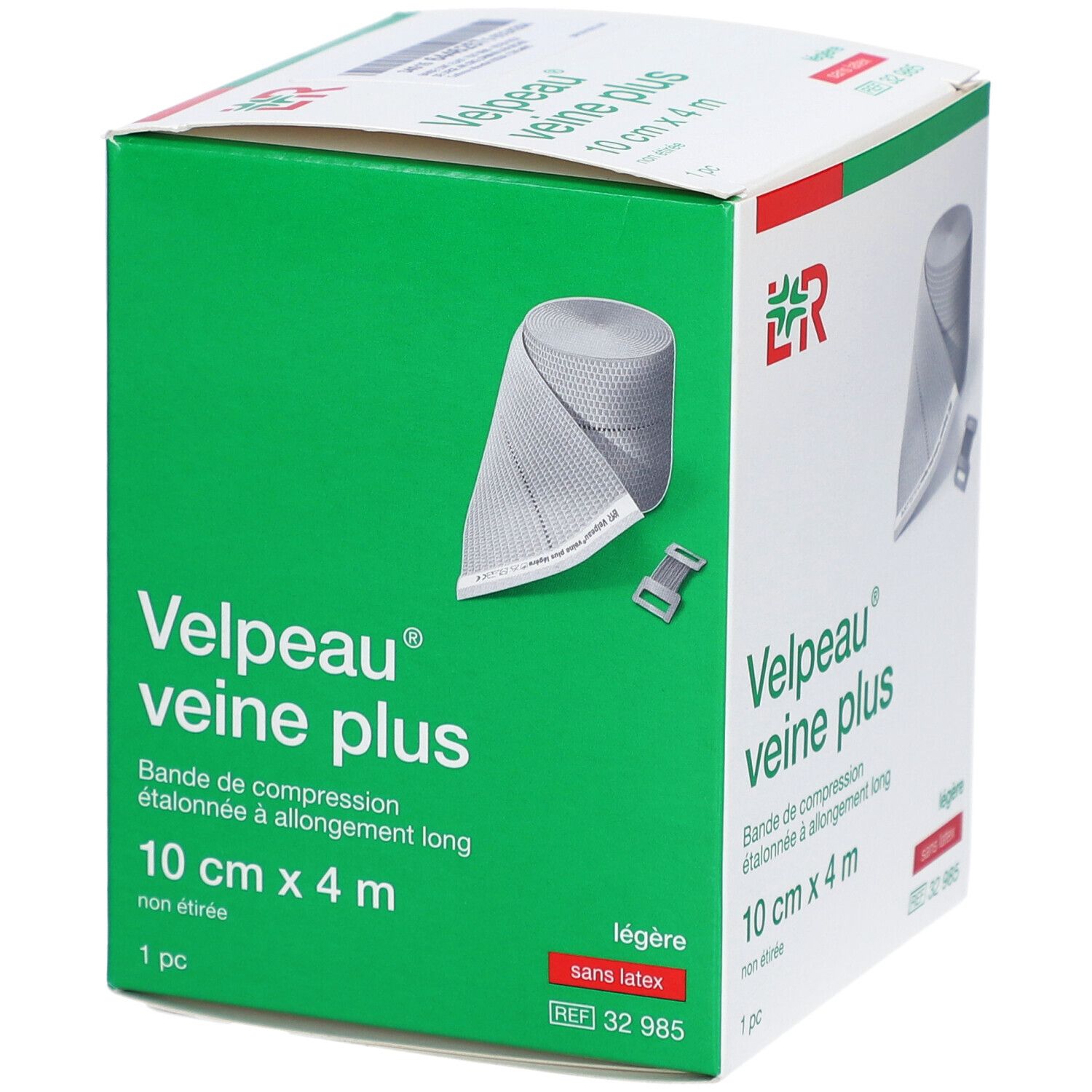 Boîte verte VELPEAU VEINE PLUS. Bande de compression 10 cm x 4 m. Nom et logo du produit visibles.