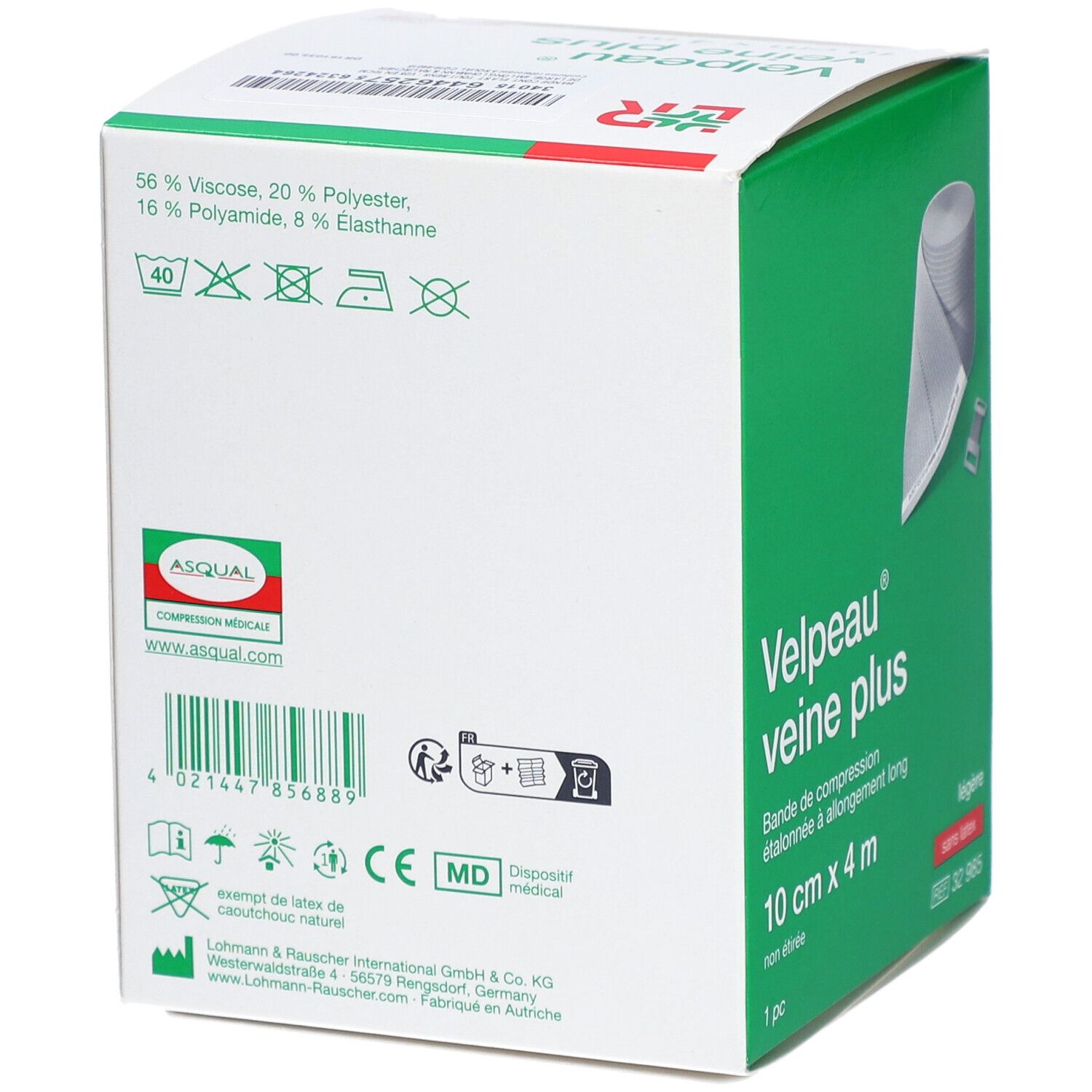 Dos de la boîte VELPEAU VEINE PLUS. Composition, symboles de lavage et marquage CE.