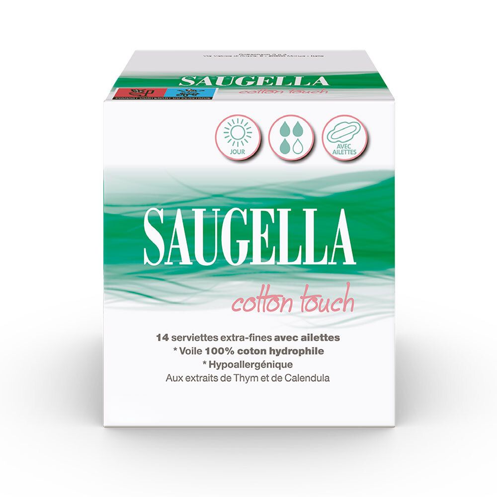 Saugella - Cotton Touch - Serviettes hygiéniques de Jour extra-fines avec ailettes - 100% coton hydrophile - Hypoallergénique - Extraits de Thym et de Calendula - Jour - Pack de 14