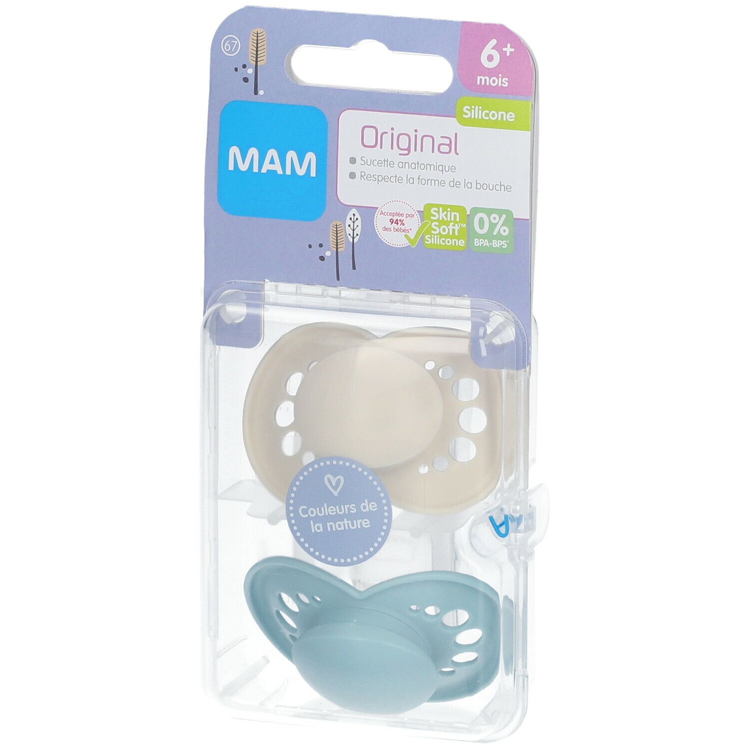 Deux sucettes MAM Original, 6+ mois, en emballage. Couleurs beige et bleu. Forme anatomique, silicone.