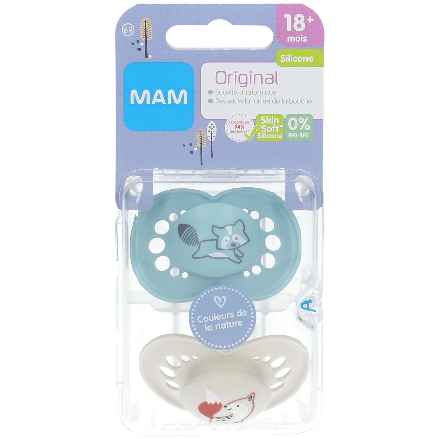 Sucette MAM Original, bleue et blanche, emballée. Motifs animaux. Pour 18+ mois.