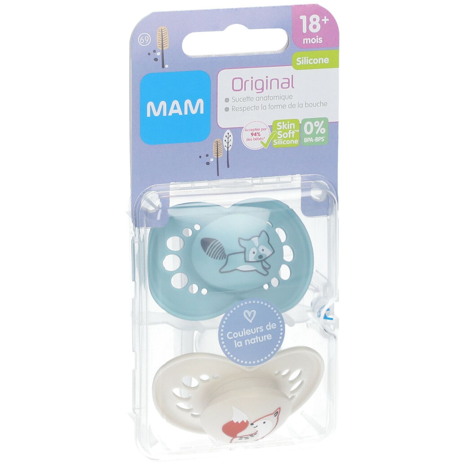 Sucette MAM Original, bleue et blanche, emballée. Motifs animaux. Pour 18+ mois.