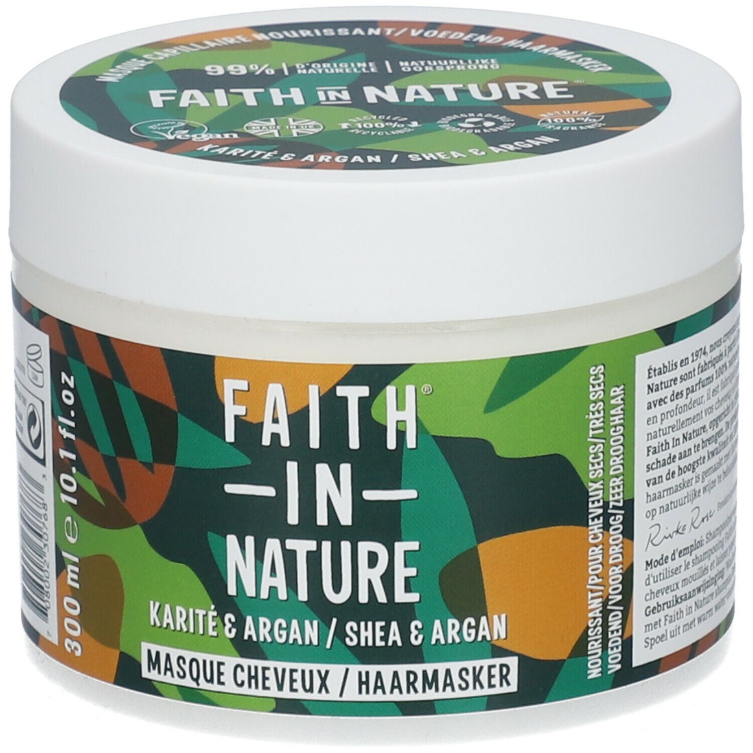 Pot de crème FAITH IN NATURE, Karité & Argan. Motif vert et marron. 300 ml, 10.1 fl.oz.