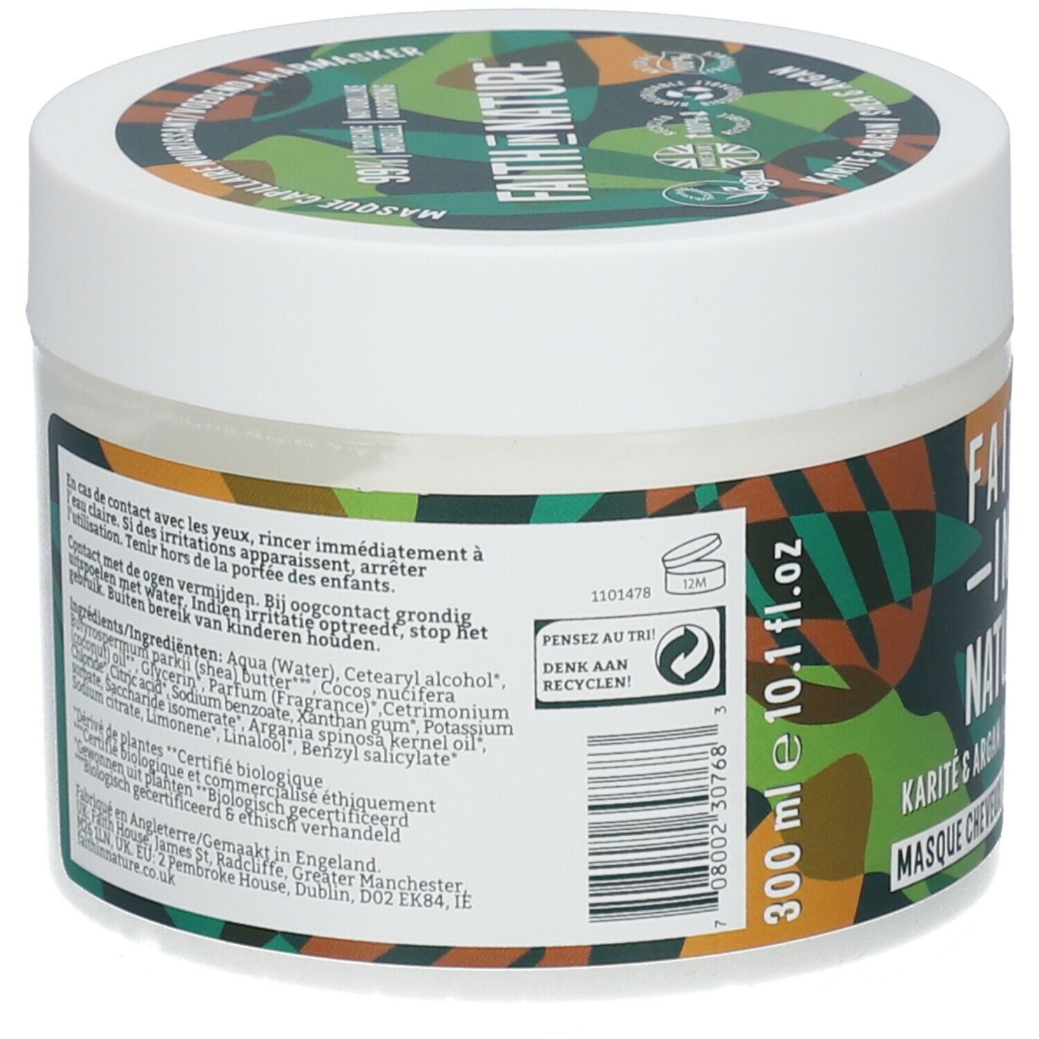 Dos du pot de crème. Texte : ingrédients, mode d'emploi. 300 ml, 10.1 fl.oz. Symbole de recyclage.