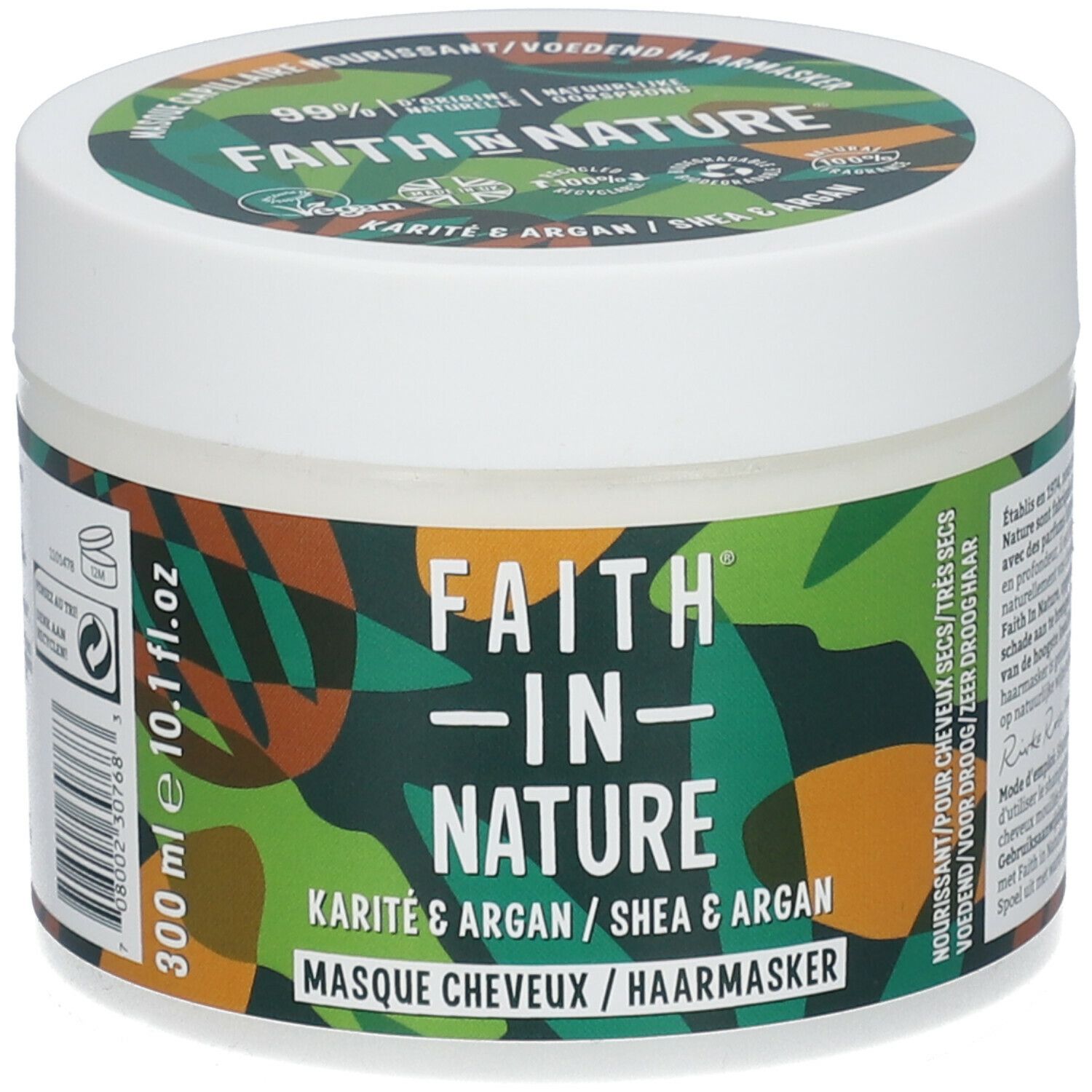 Pot de crème FAITH IN NATURE, Karité & Argan. Motif vert et marron. 300 ml, 10.1 fl.oz.