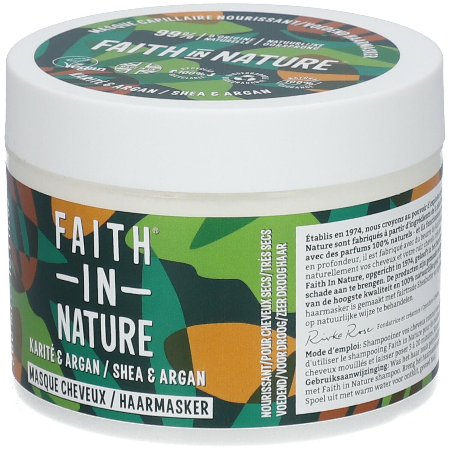 Pot de crème FAITH IN NATURE, Karité & Argan. Texte : mode d'emploi. 300 ml, 10.1 fl.oz.