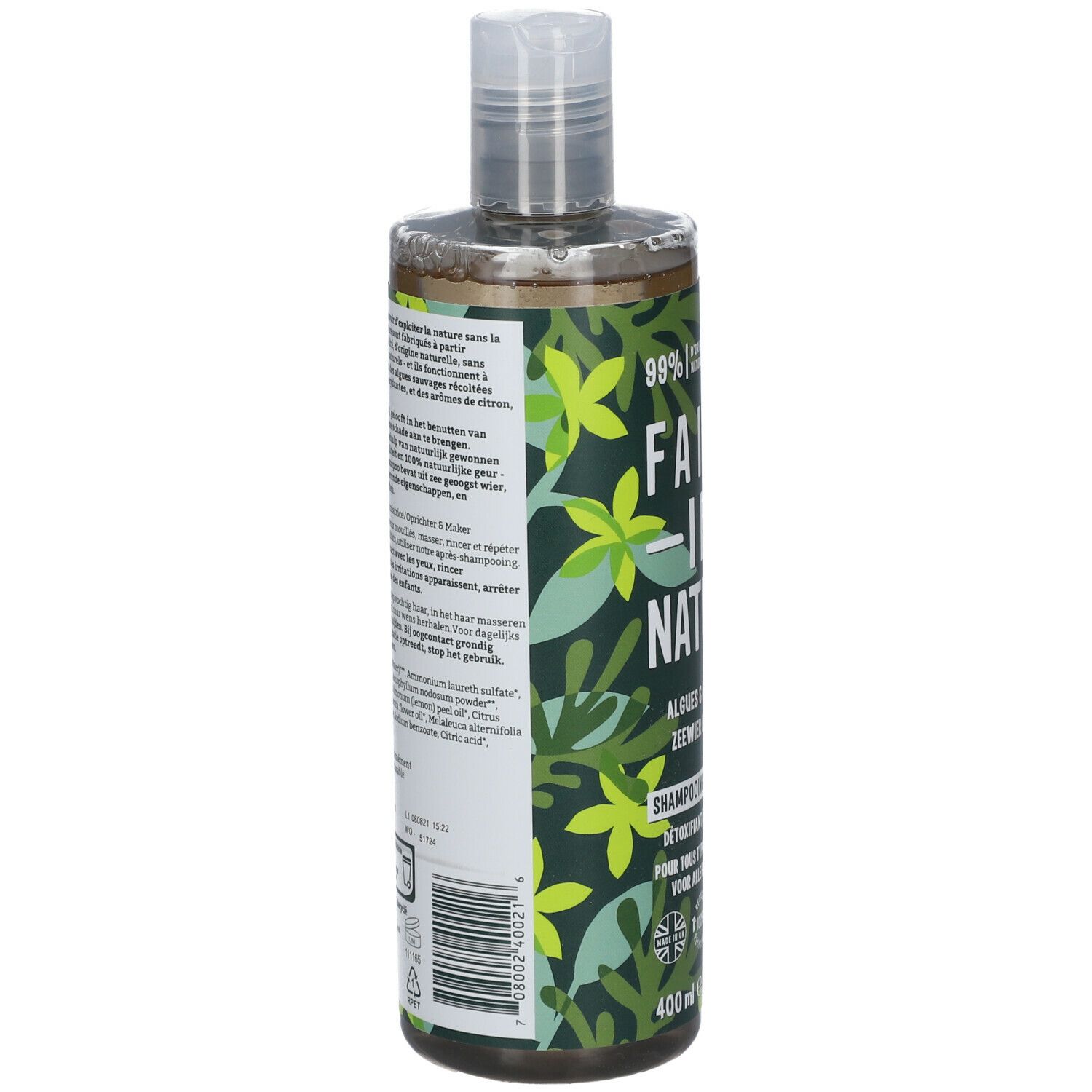 Dos du flacon de shampooing. Texte multilingue. Contient des informations sur les ingrédients et les certifications.