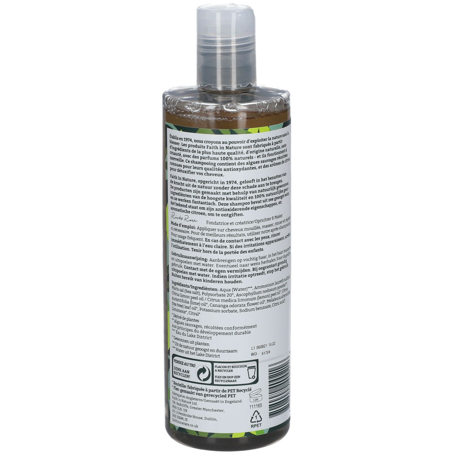 Dos du flacon de shampooing. Texte multilingue. Contient des informations sur les ingrédients et les certifications.