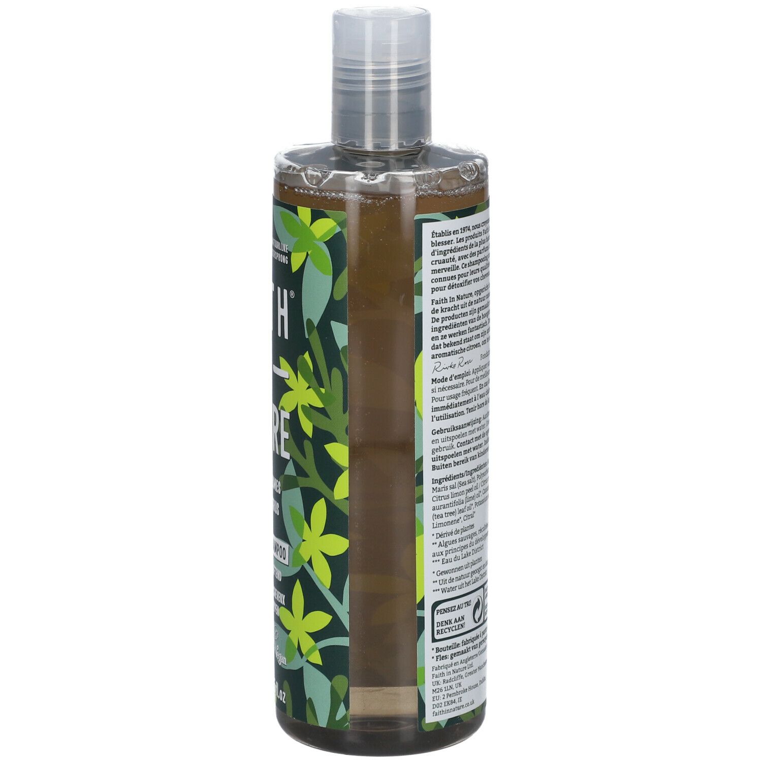 Dos du flacon de shampooing. Texte multilingue. Contient des informations sur les ingrédients et les certifications.
